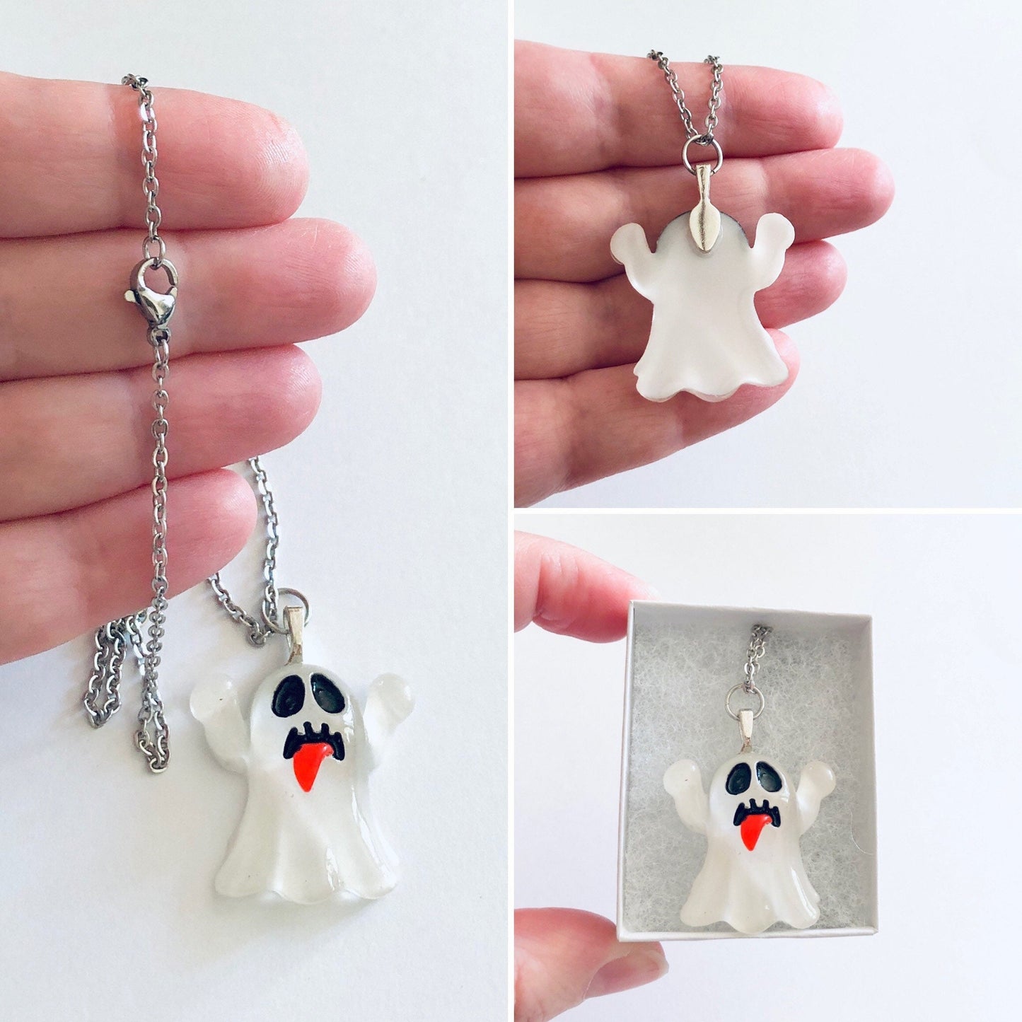 Hands Up Boo Ghost Necklace, Transparent White Resin Ghoul Halloween Necklace, Silver Chain