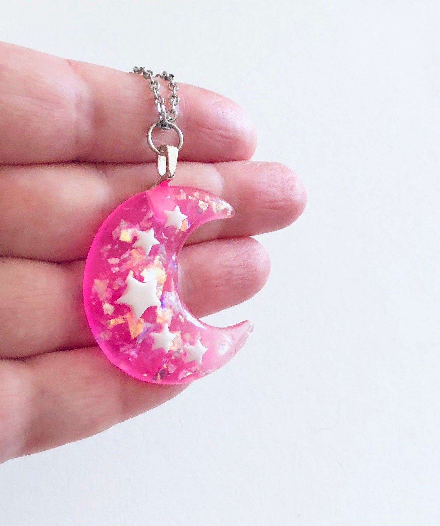 Pink Glitter Resin Moon Necklace, Pastel Goth Crescent Moon Necklace with Stars, Witchy