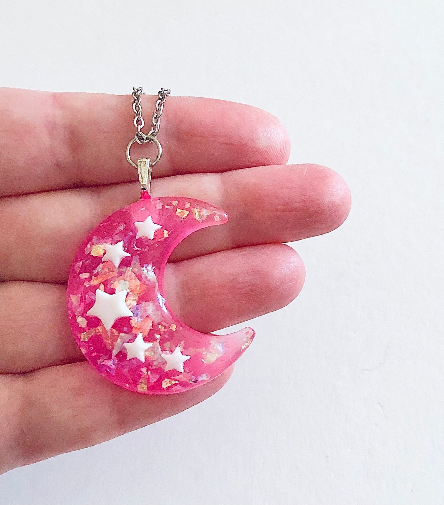 Pink Glitter Resin Moon Necklace, Pastel Goth Crescent Moon Necklace with Stars, Witchy