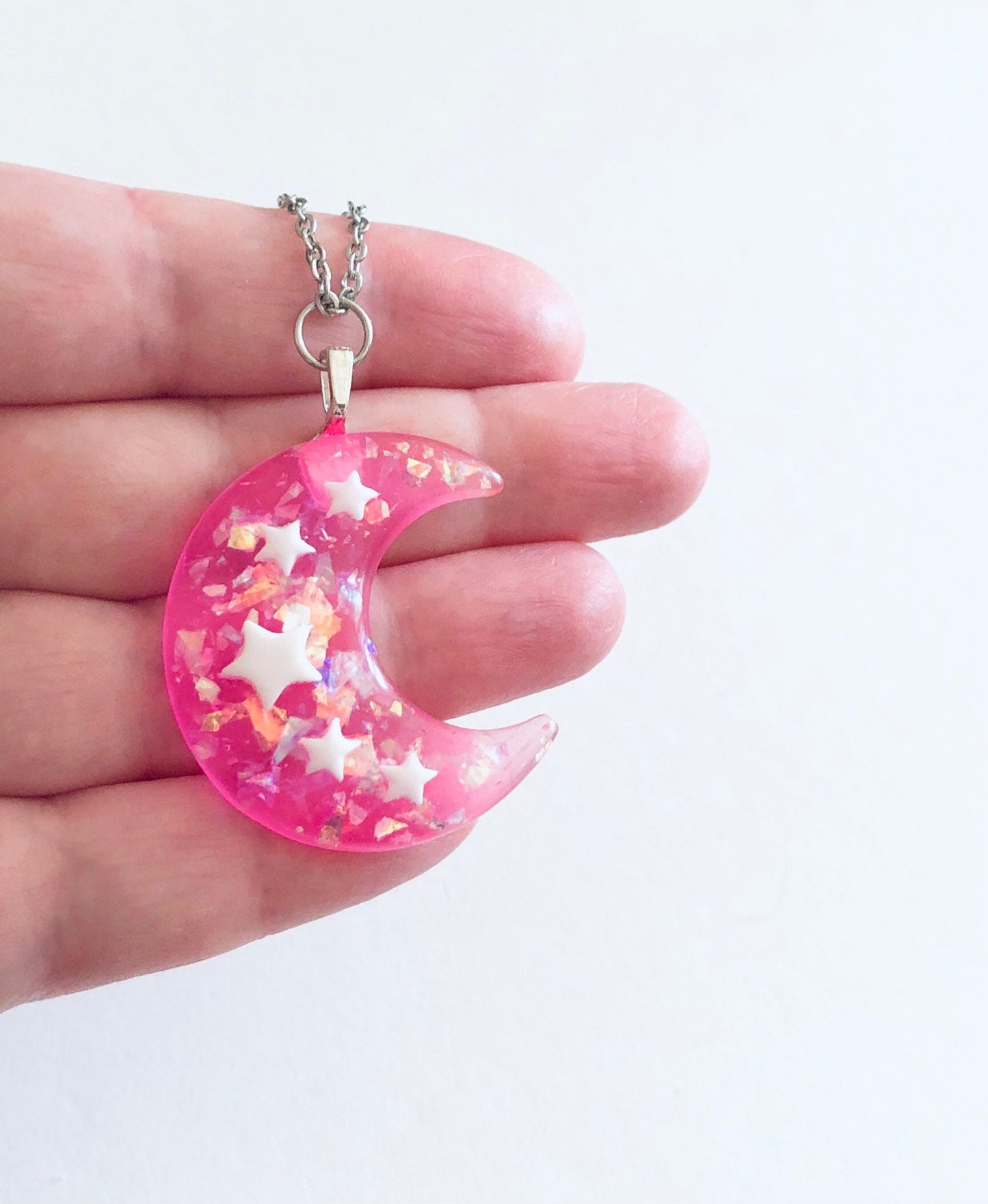 Pink Glitter Resin Moon Necklace, Pastel Goth Crescent Moon Necklace with Stars, Witchy