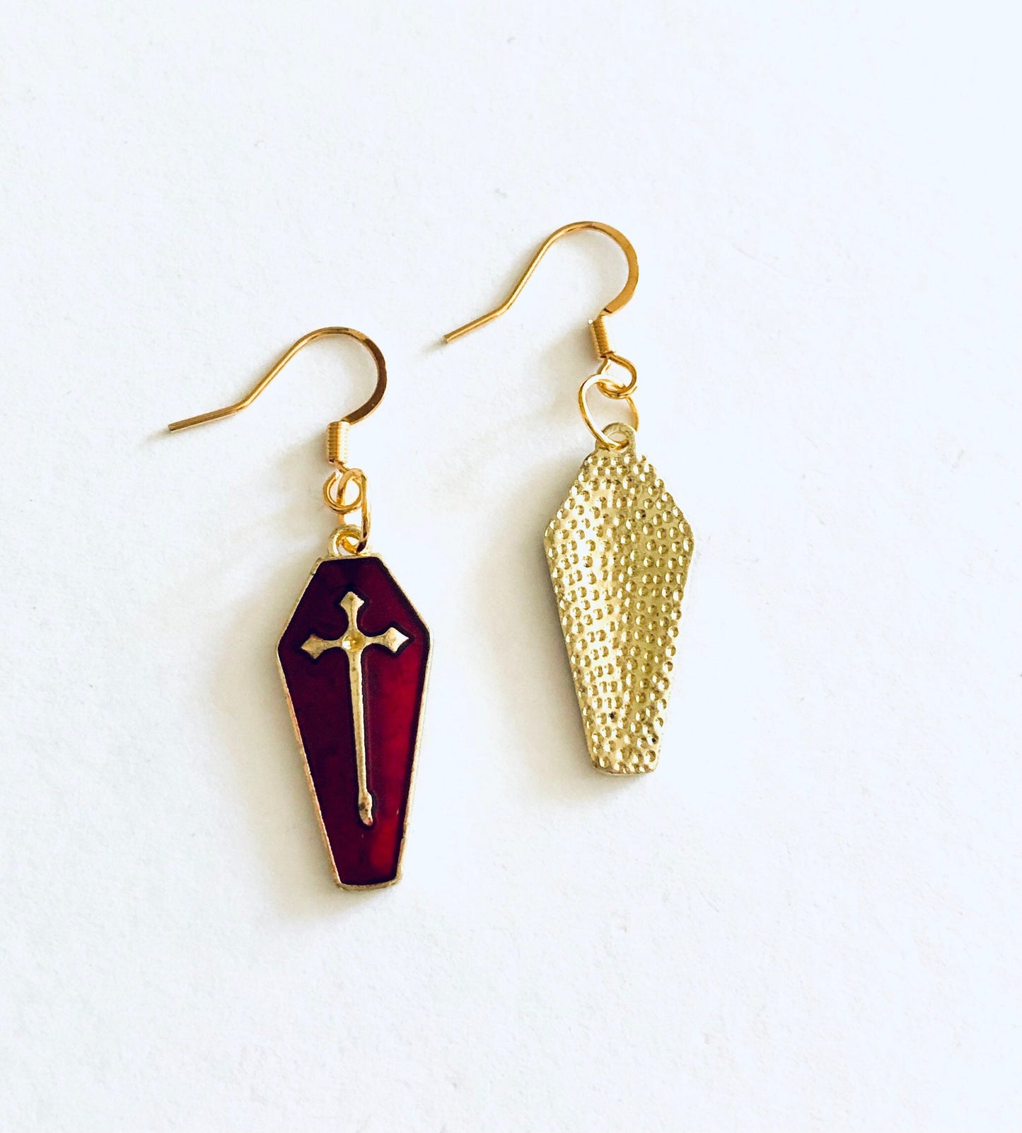 Coffin Earrings, Gold & Dark Red Coffin Earrings, Vampire Earrings, Goth Halloween Earrings Gothic