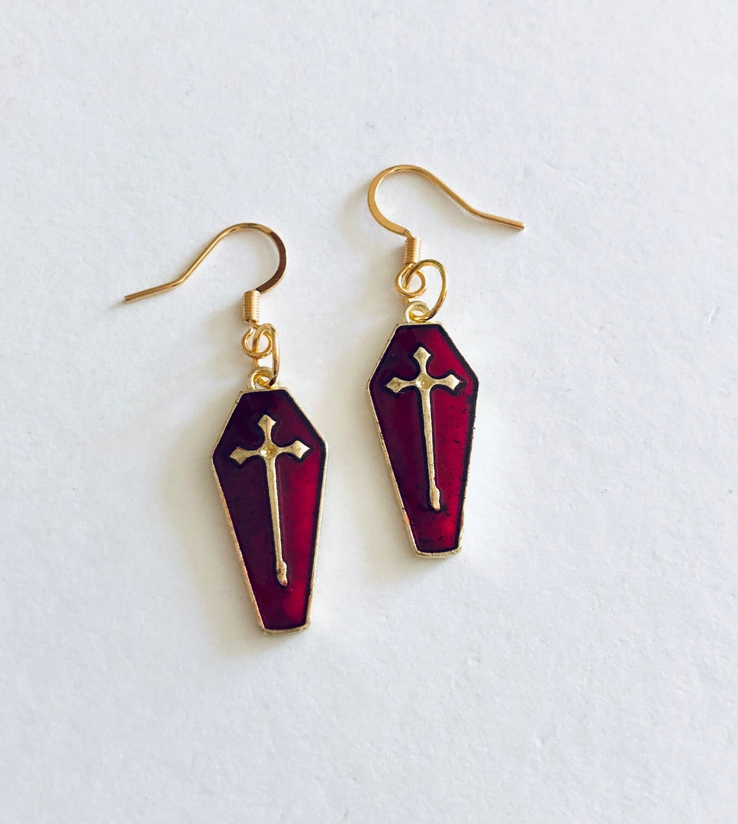 Coffin Earrings, Gold & Dark Red Coffin Earrings, Vampire Earrings, Goth Halloween Earrings Gothic