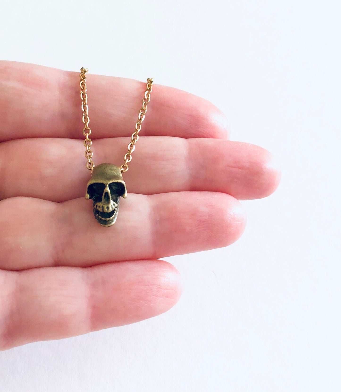 Golden Bronze Skull Necklace on Gold Plated Chain, 3D Skull Necklace, Goth