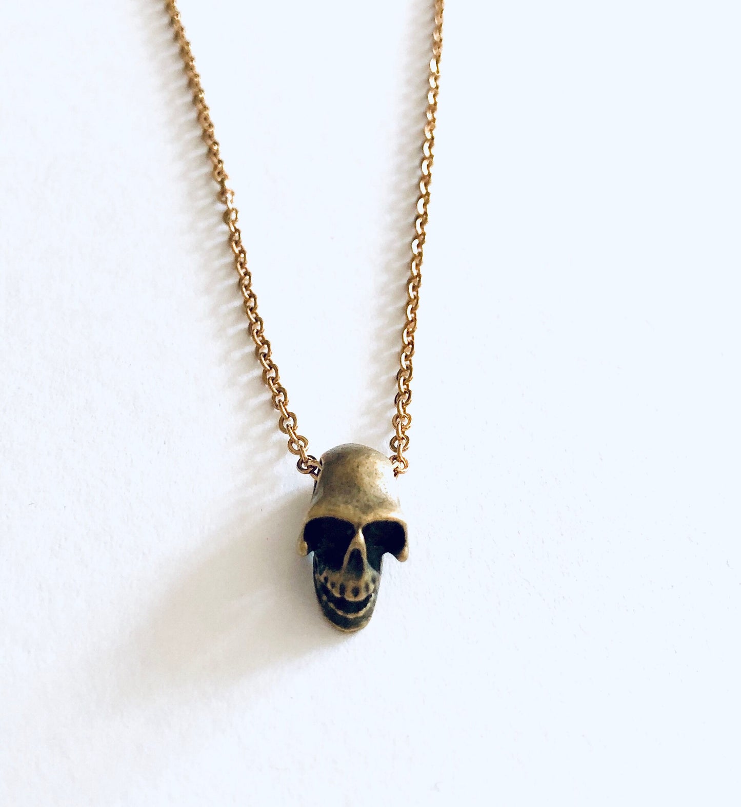 Golden Bronze Skull Necklace on Gold Plated Chain, 3D Skull Necklace, Goth