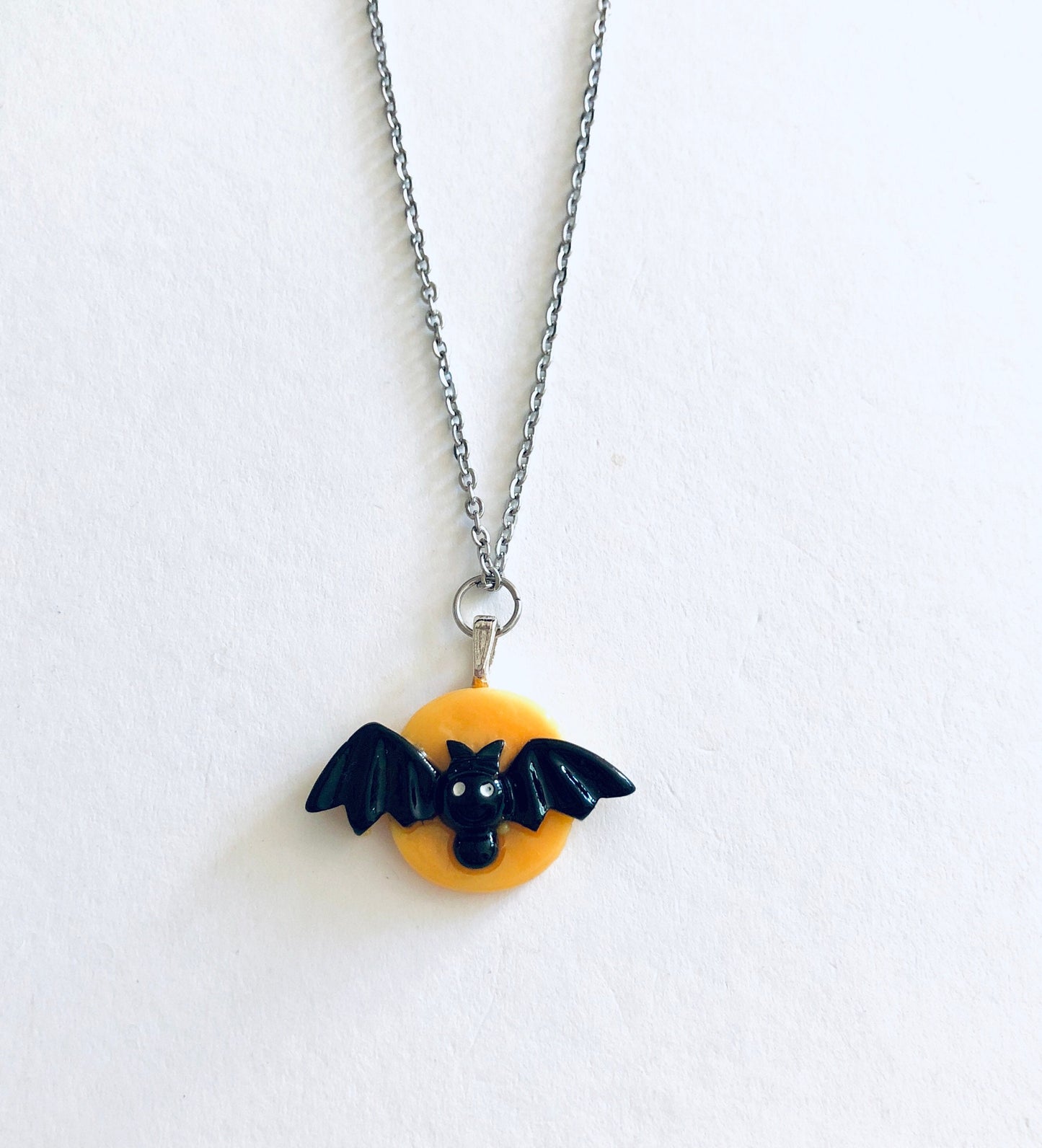 Yellow Moon Bat Necklace, Vampire Necklace, Stainless Steel Chain, Resin Halloween Necklace