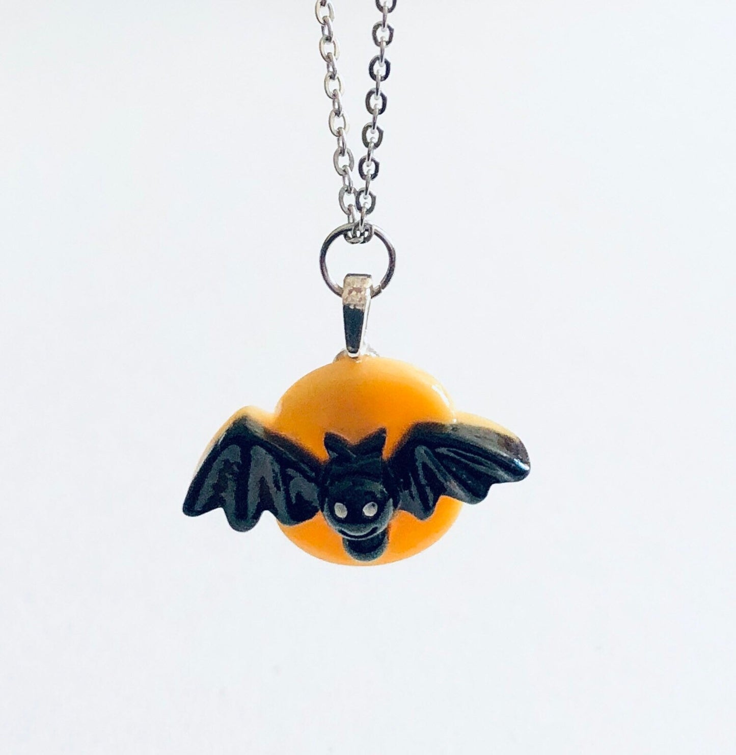 Yellow Moon Bat Necklace, Vampire Necklace, Stainless Steel Chain, Resin Halloween Necklace