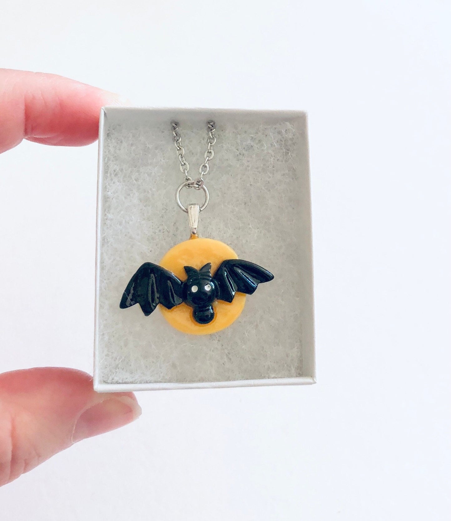 Yellow Moon Bat Necklace, Vampire Necklace, Stainless Steel Chain, Resin Halloween Necklace