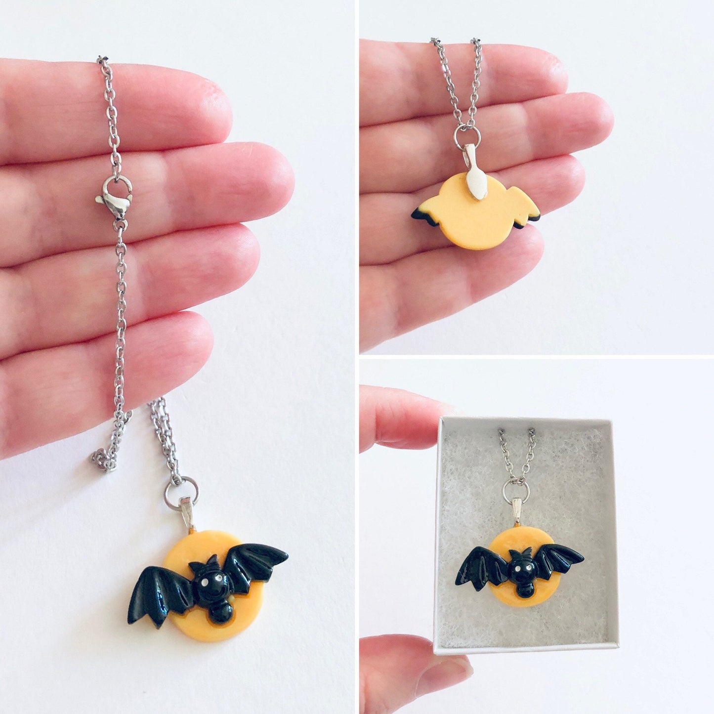 Yellow Moon Bat Necklace, Vampire Necklace, Stainless Steel Chain, Resin Halloween Necklace