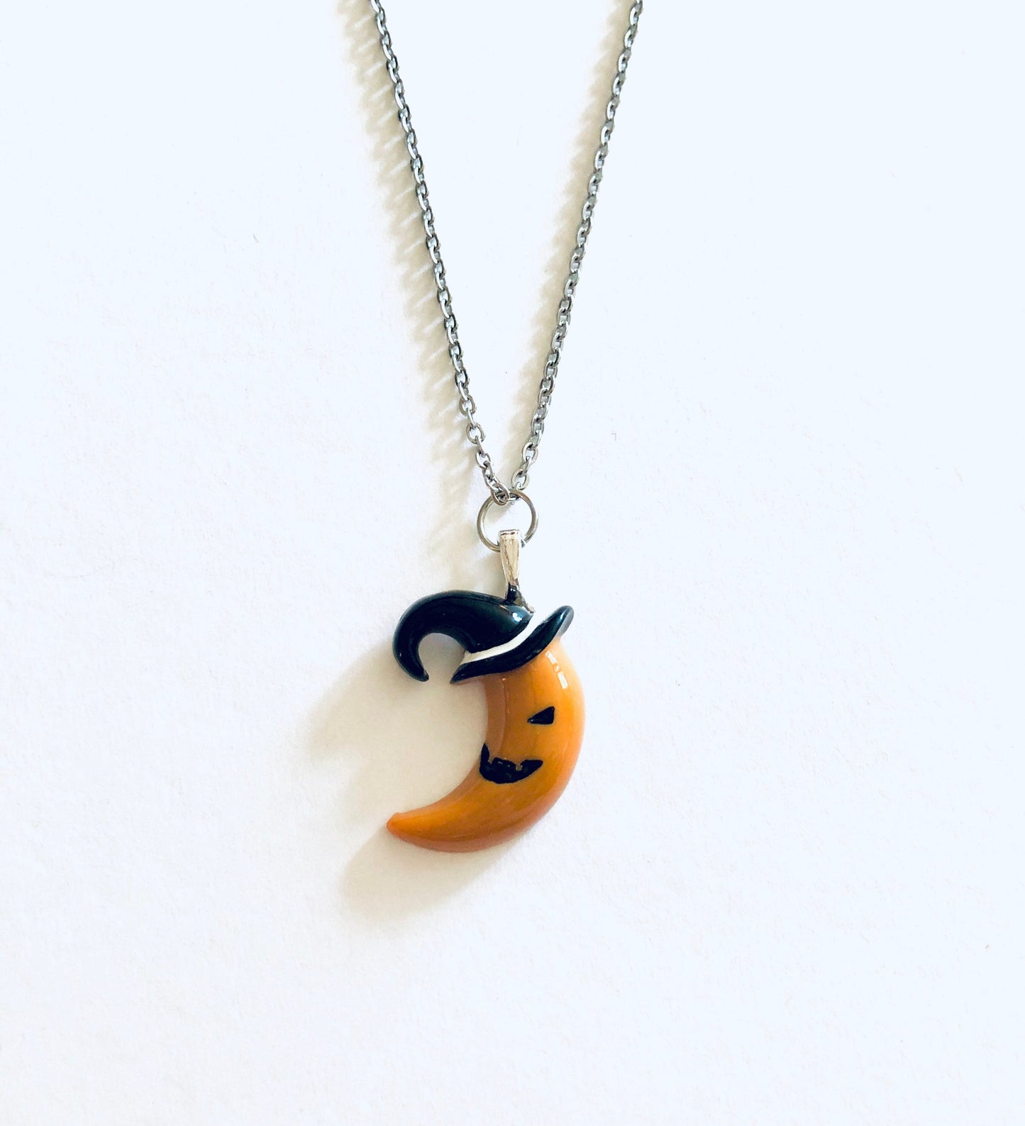 Pumpkin Crescent Moon Necklace, with Witch Hat on, Resin Charm, Stainless Steel Chain, Halloween Necklace Witchy Woman