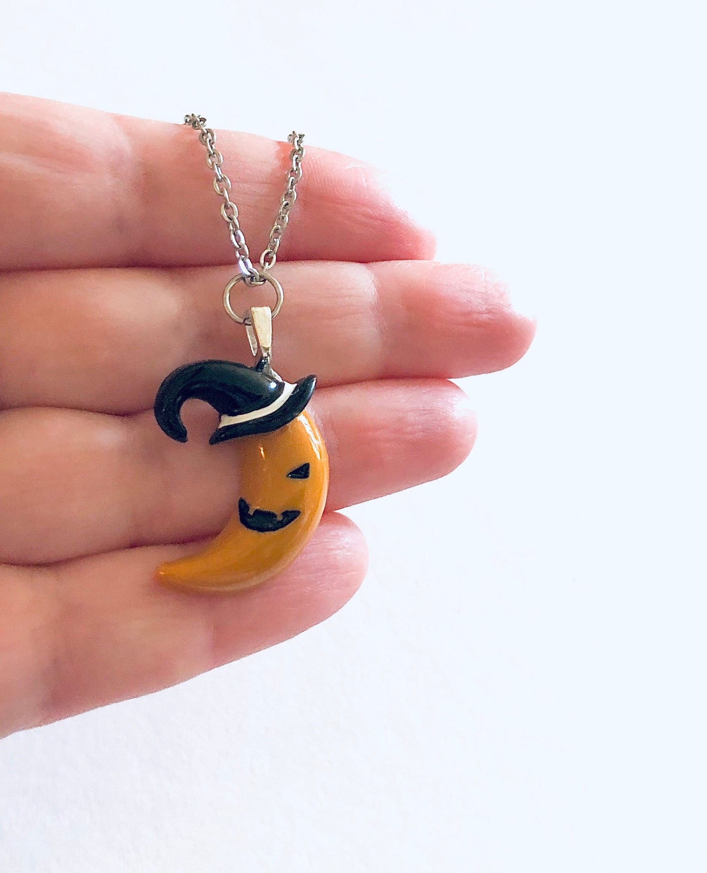 Pumpkin Crescent Moon Necklace, with Witch Hat on, Resin Charm, Stainless Steel Chain, Halloween Necklace Witchy Woman