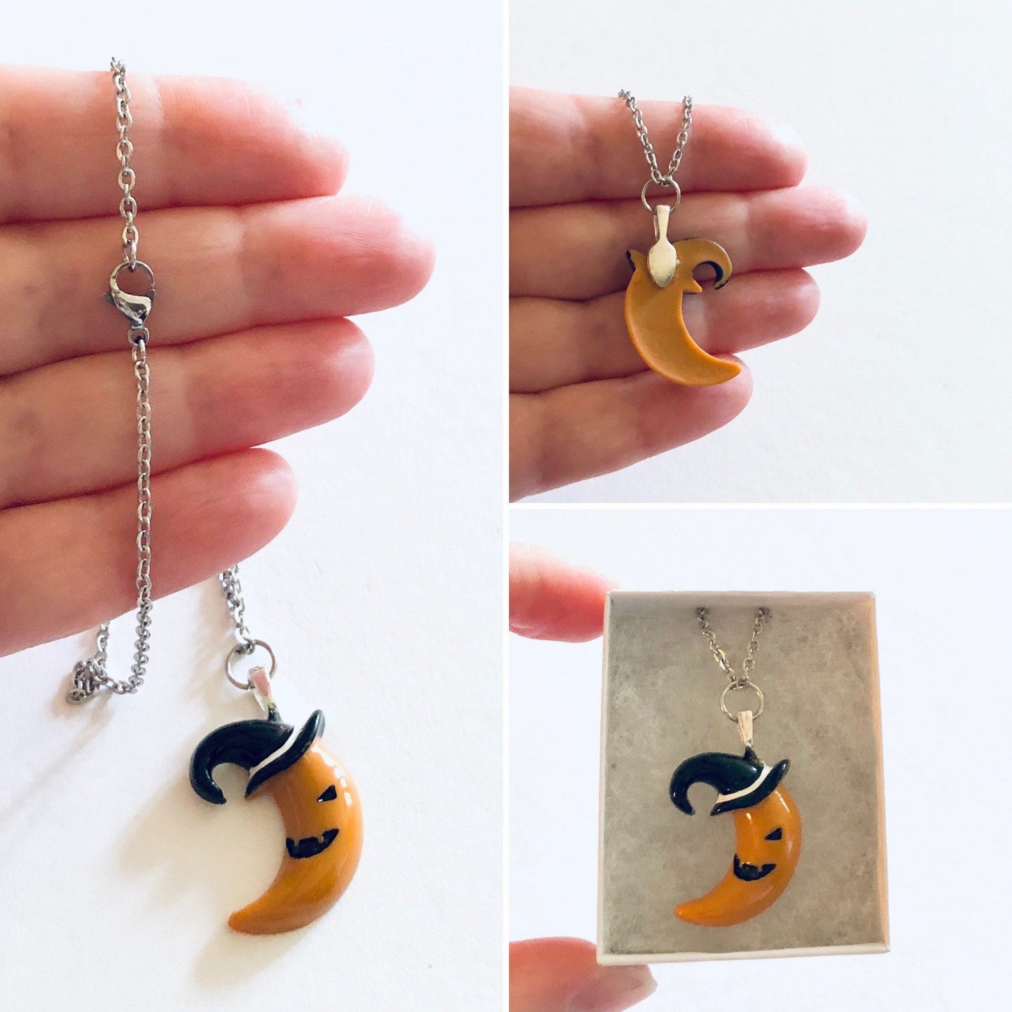 Pumpkin Crescent Moon Necklace, with Witch Hat on, Resin Charm, Stainless Steel Chain, Halloween Necklace Witchy Woman