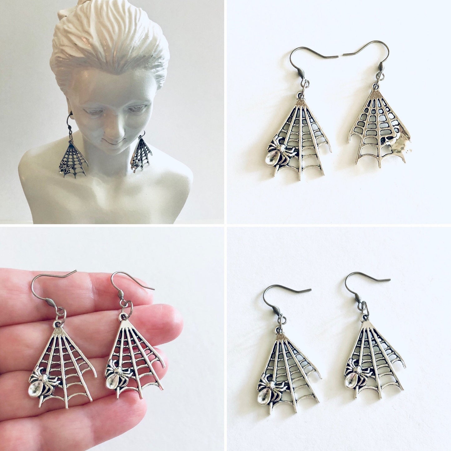 Silver Spider Web Earrings with Spider, Spooky Season Witchy Woman Earrings, Halloween Costume