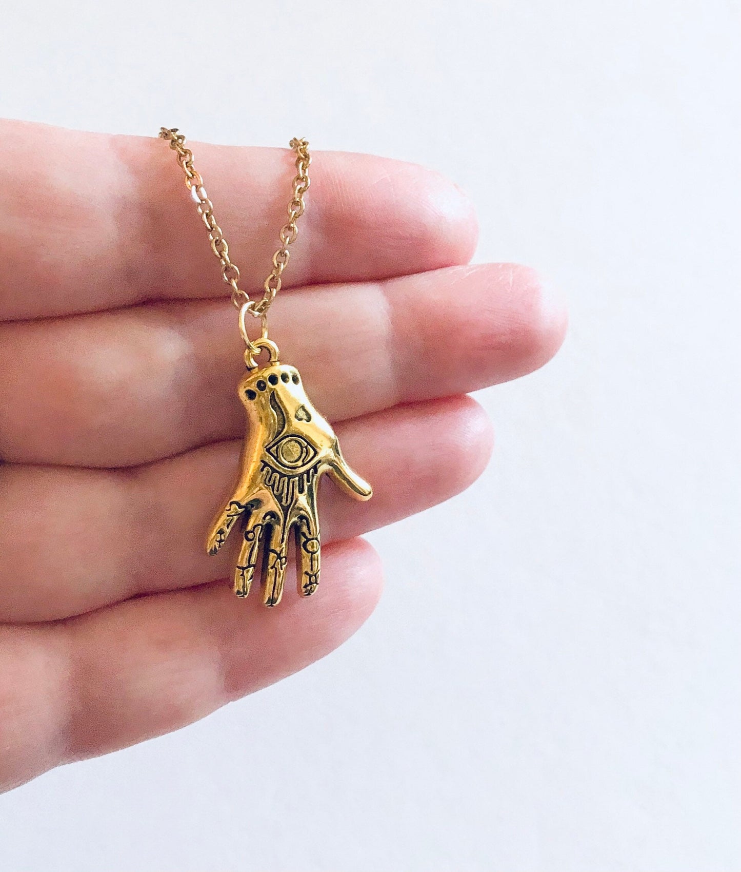 Hand Necklace, Gold Palmistry Necklace, Divination Dainty Gold Plated Chain, Wicca Witchy Woman