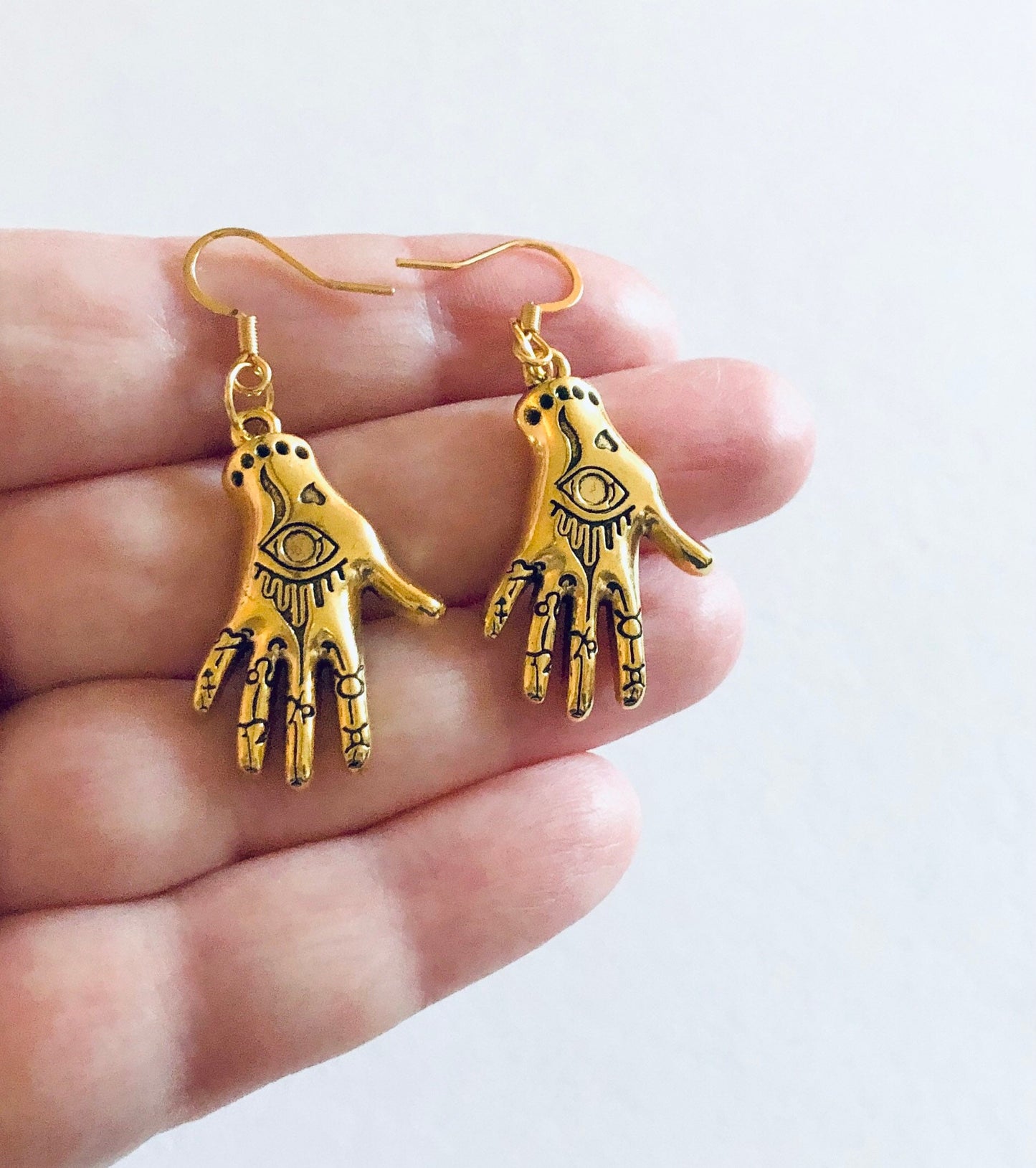 Evil Eye Gold Palmistry Hand Earrings, Witchy Woman Gold Plated Ear Hooks, Divination Occult Esoteric Witch Pagan