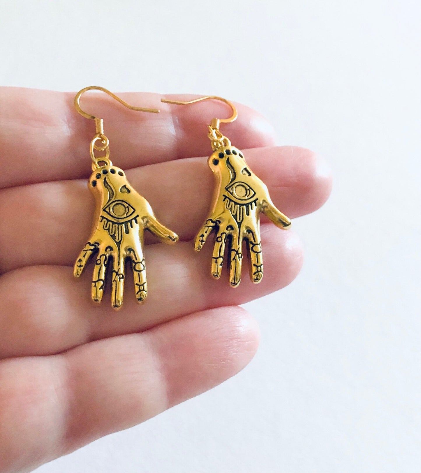 Evil Eye Gold Palmistry Hand Earrings, Witchy Woman Gold Plated Ear Hooks, Divination Occult Esoteric Witch Pagan