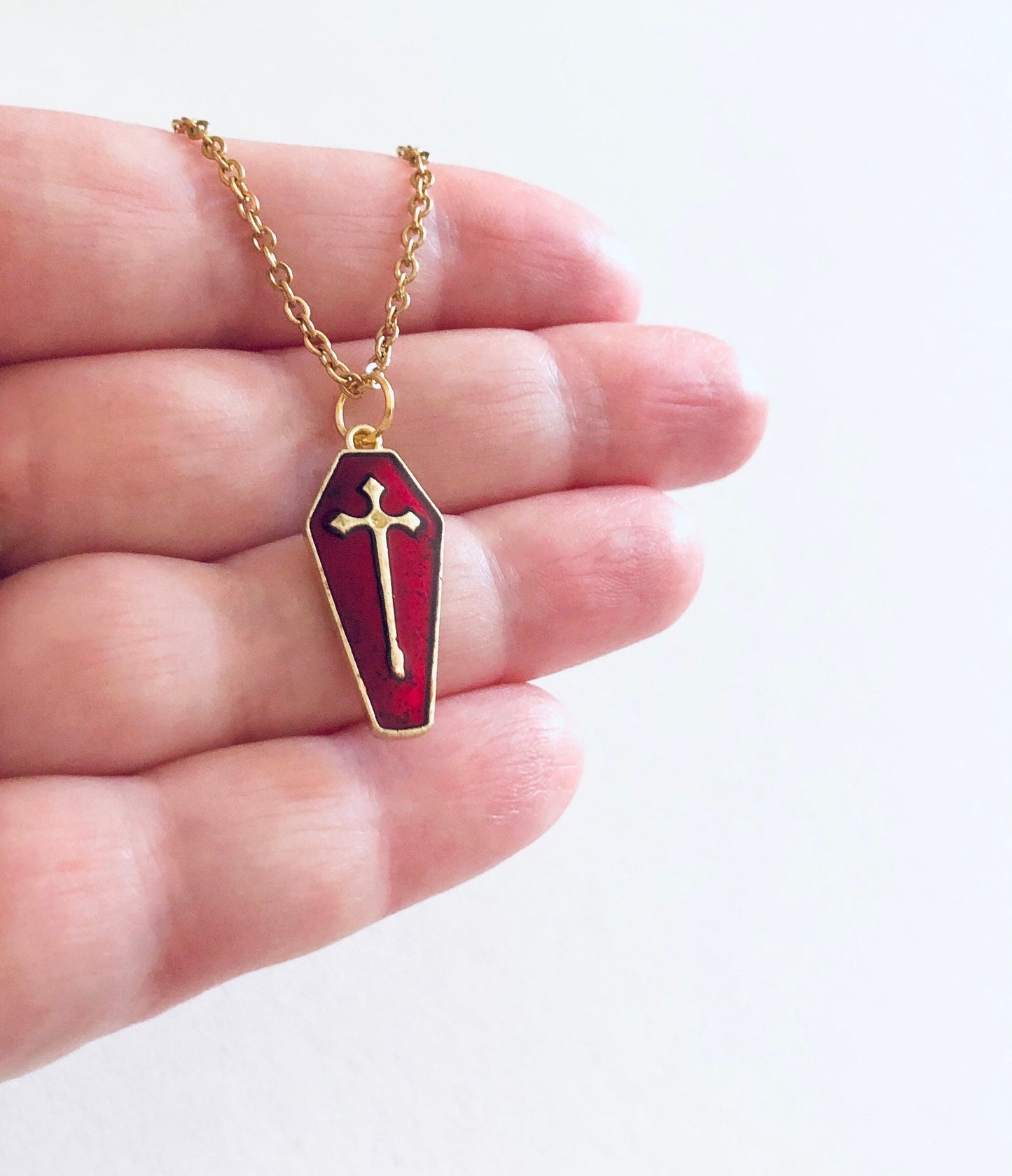 Dark Red Coffin Necklace, Victorian Gothic Girl, Vampire Coffin Gold Plated Chain, Mall Goth Aesthetic