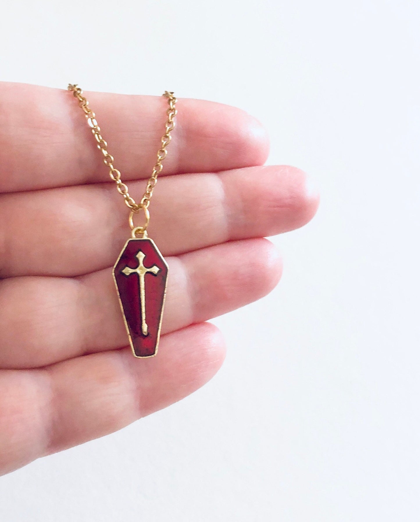 Dark Red Coffin Necklace, Victorian Gothic Girl, Vampire Coffin Gold Plated Chain, Mall Goth Aesthetic