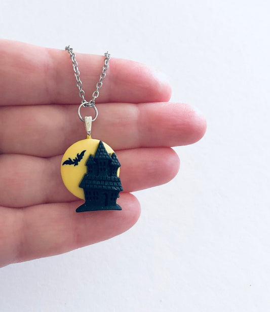 Yellow Moon Haunted House Necklace with Bat, Spooky Vampire Dracula’s Castle Necklace Goth Witchy