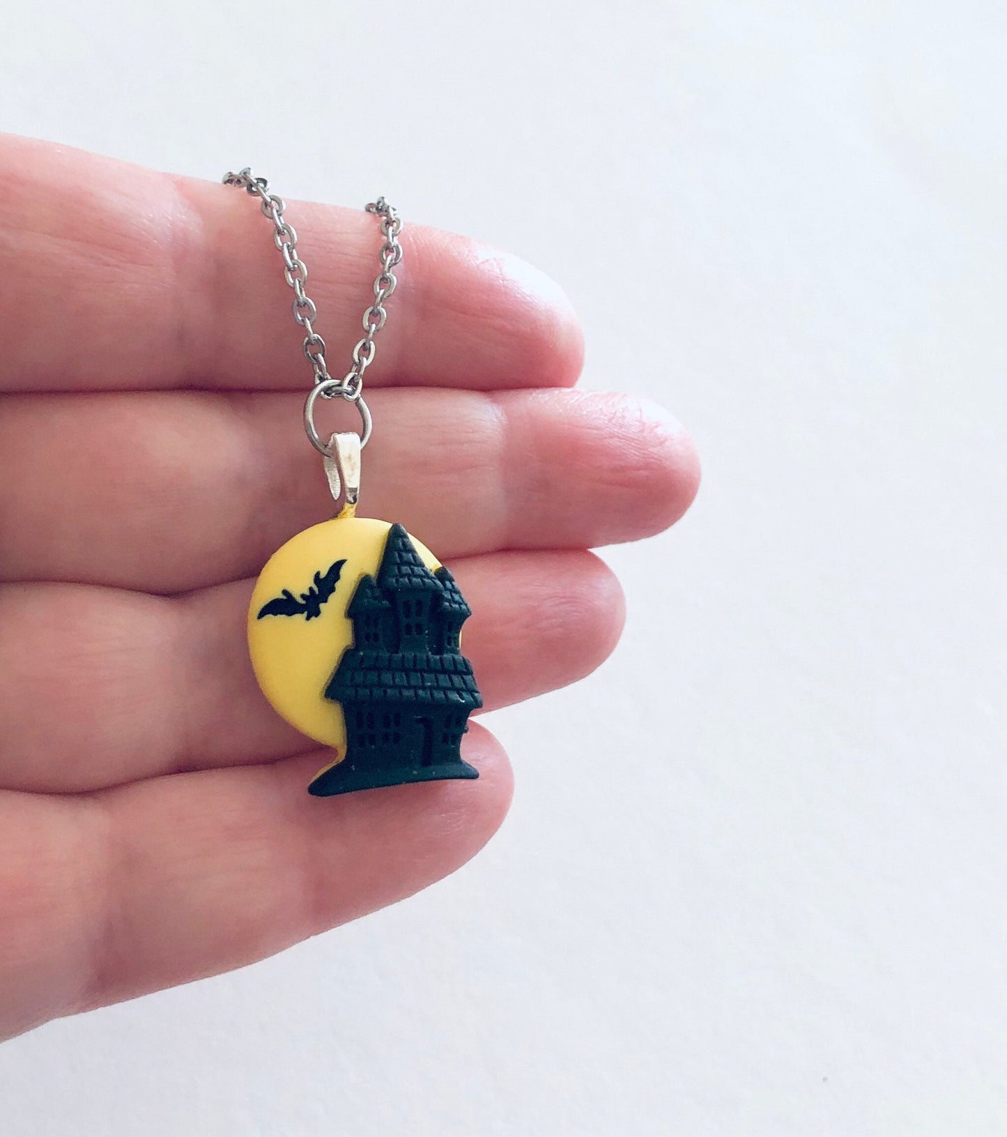 Yellow Moon Haunted House Necklace with Bat, Spooky Vampire Dracula’s Castle Necklace Goth Witchy