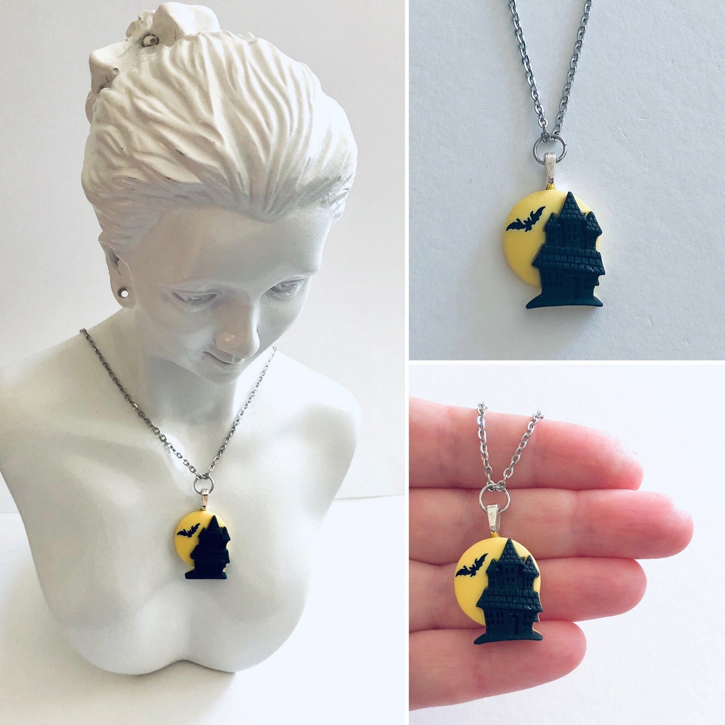 Yellow Moon Haunted House Necklace with Bat, Spooky Vampire Dracula’s Castle Necklace Goth Witchy