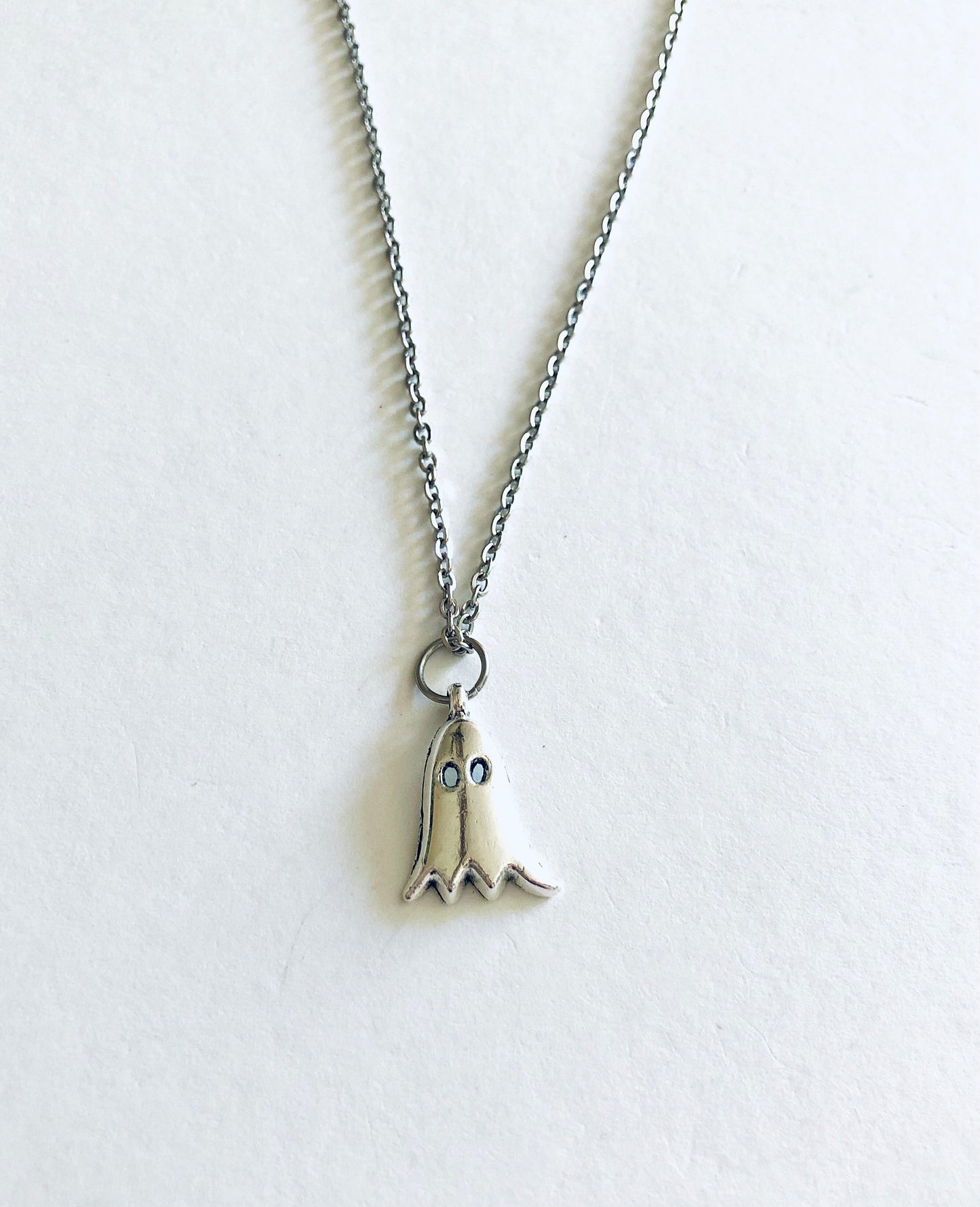 Little Silver Ghost Necklace, Ghostly Ghoul on Dainty Silver Stainless Steel Chain, Halloween Necklace