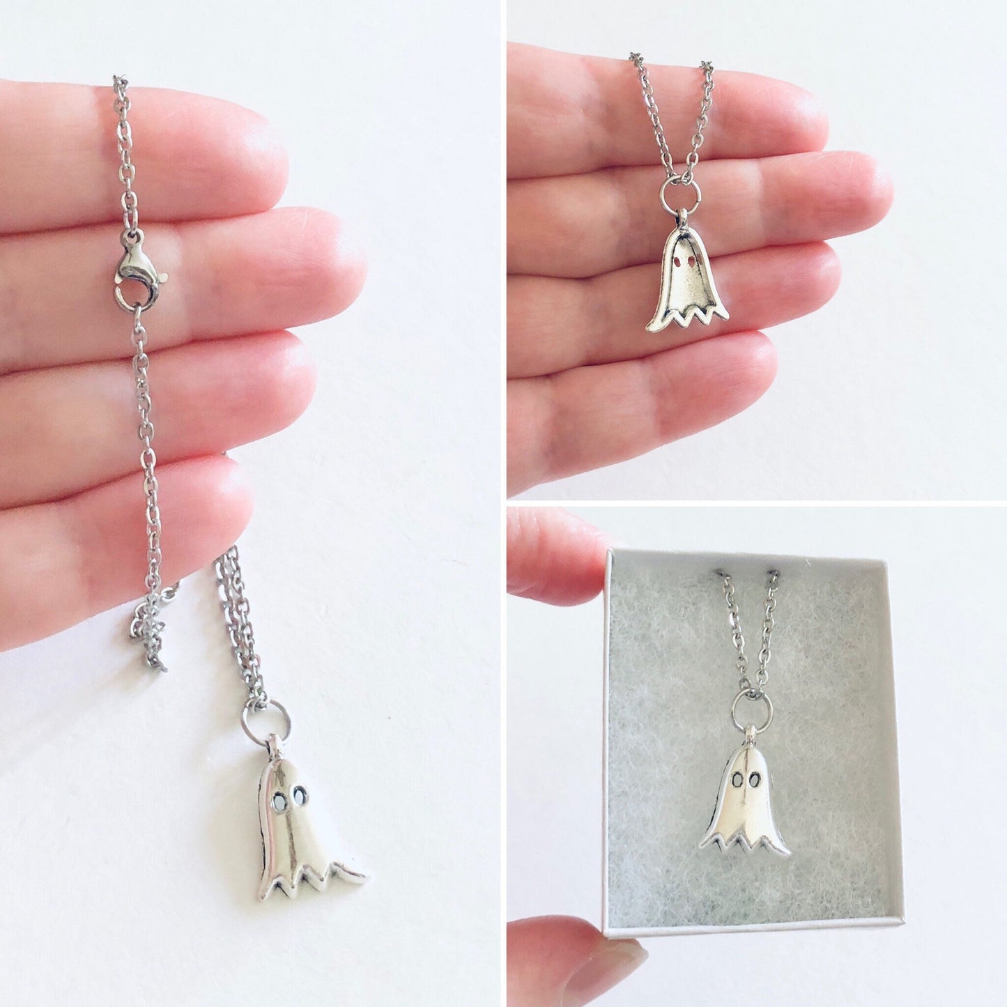 Little Silver Ghost Necklace, Ghostly Ghoul on Dainty Silver Stainless Steel Chain, Halloween Necklace