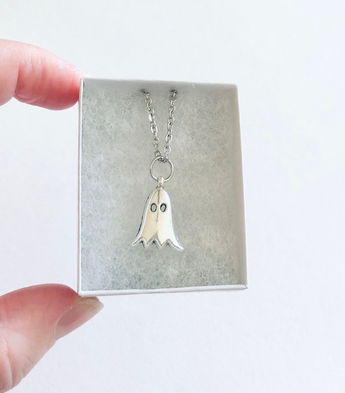 Little Silver Ghost Necklace, Ghostly Ghoul on Dainty Silver Stainless Steel Chain, Halloween Necklace