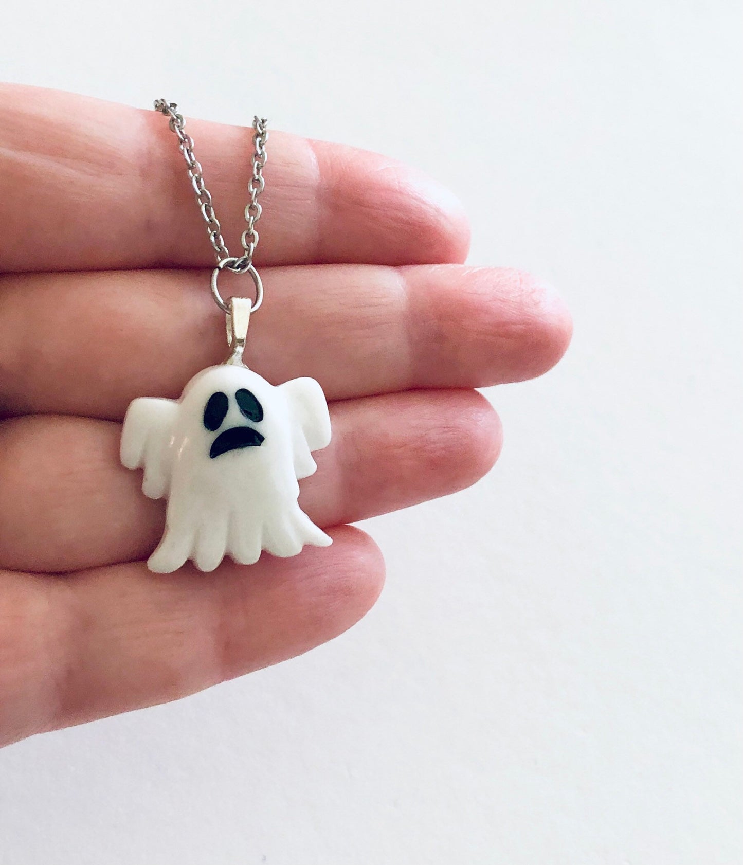 Resin Ghost Necklace, Boo Ghost Ghoul Necklace, Cute White Resin Ghoul Necklace on Dainty Stainless Steel Chain, Halloween Mall Goth