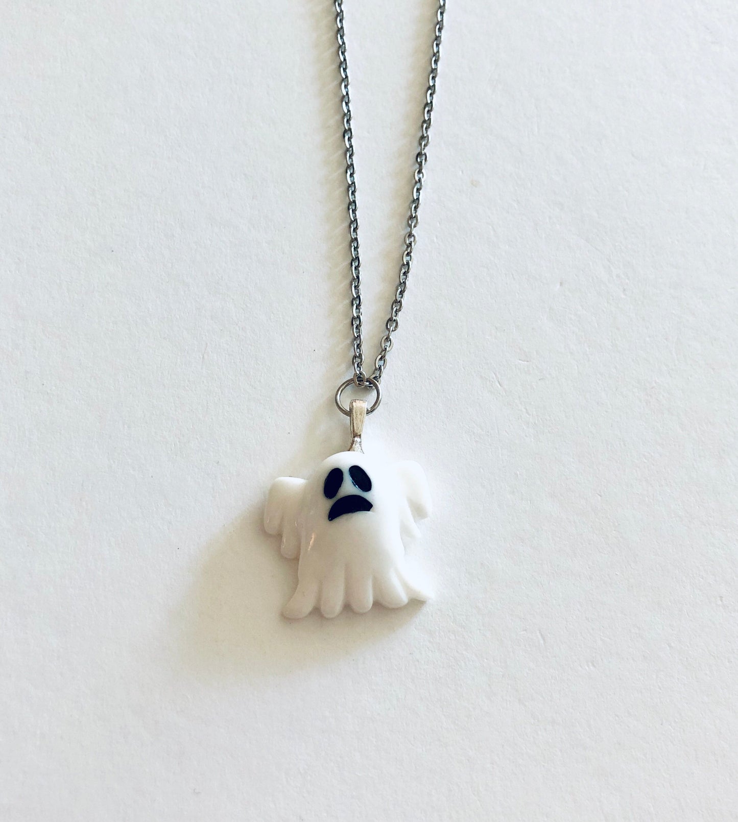 Resin Ghost Necklace, Boo Ghost Ghoul Necklace, Cute White Resin Ghoul Necklace on Dainty Stainless Steel Chain, Halloween Mall Goth