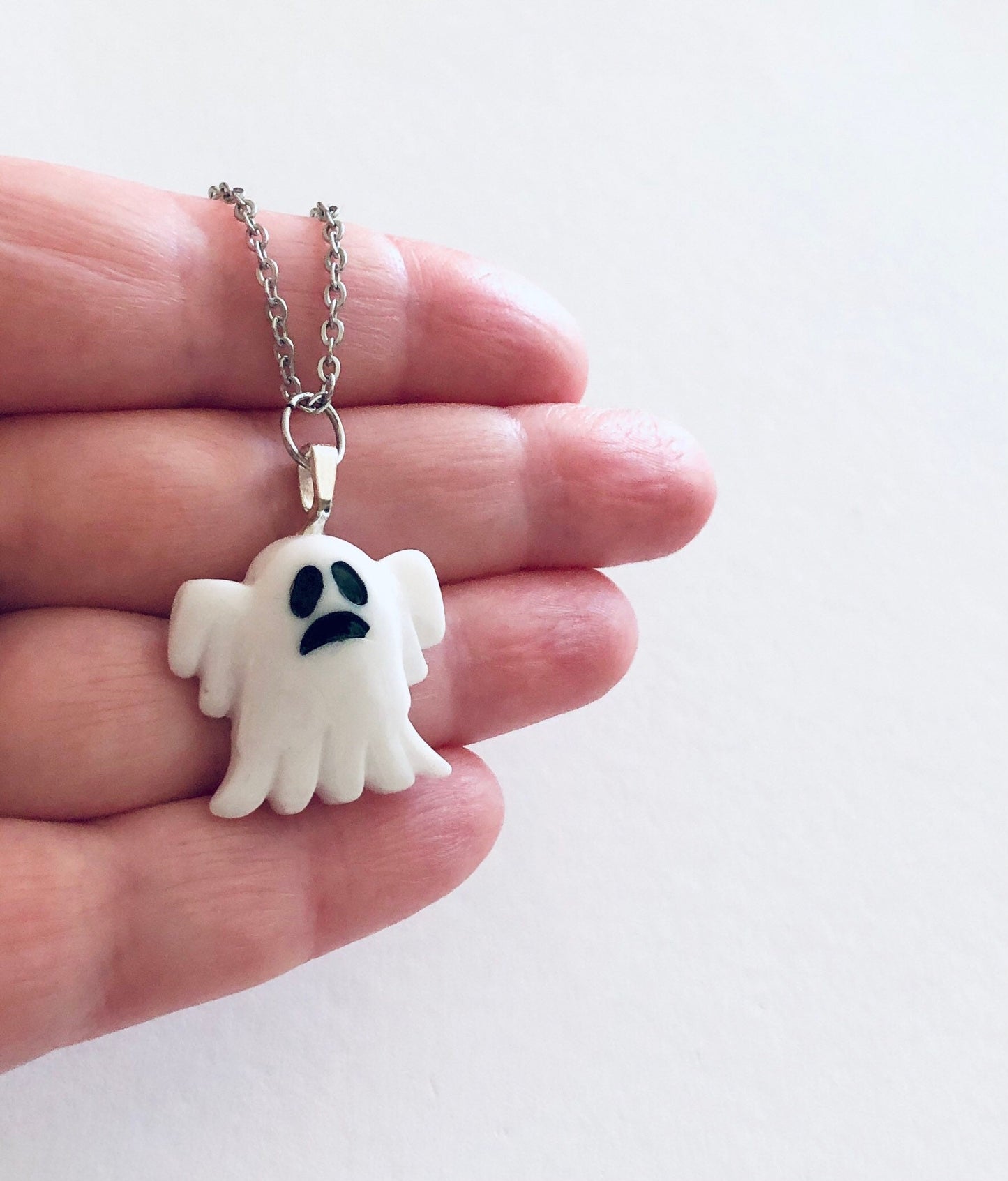 Resin Ghost Necklace, Boo Ghost Ghoul Necklace, Cute White Resin Ghoul Necklace on Dainty Stainless Steel Chain, Halloween Mall Goth