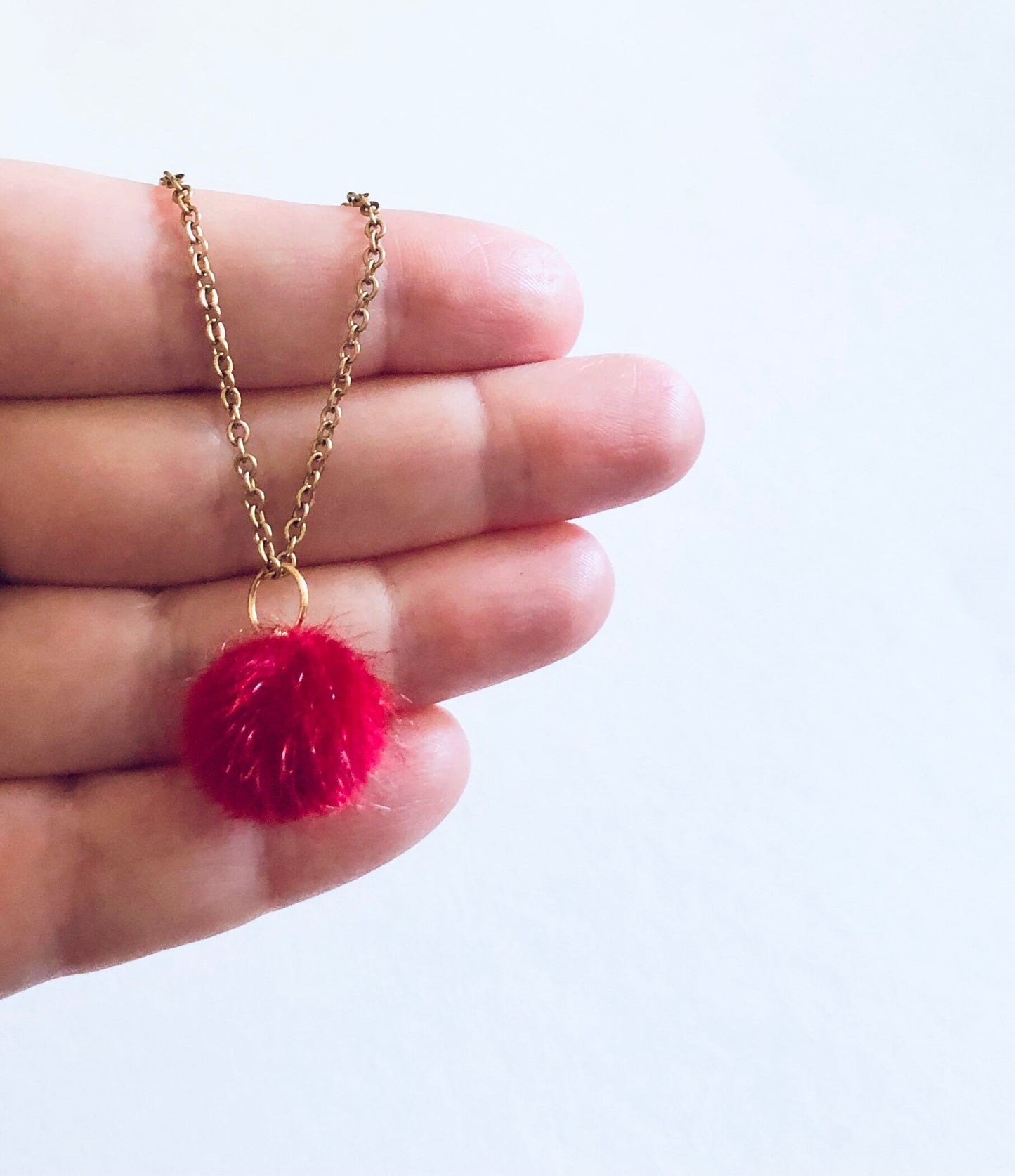 Red Fluffy Pom Pom Necklace, Christmas Party Gold Necklace, Fun Festive Holiday Season New Years Party