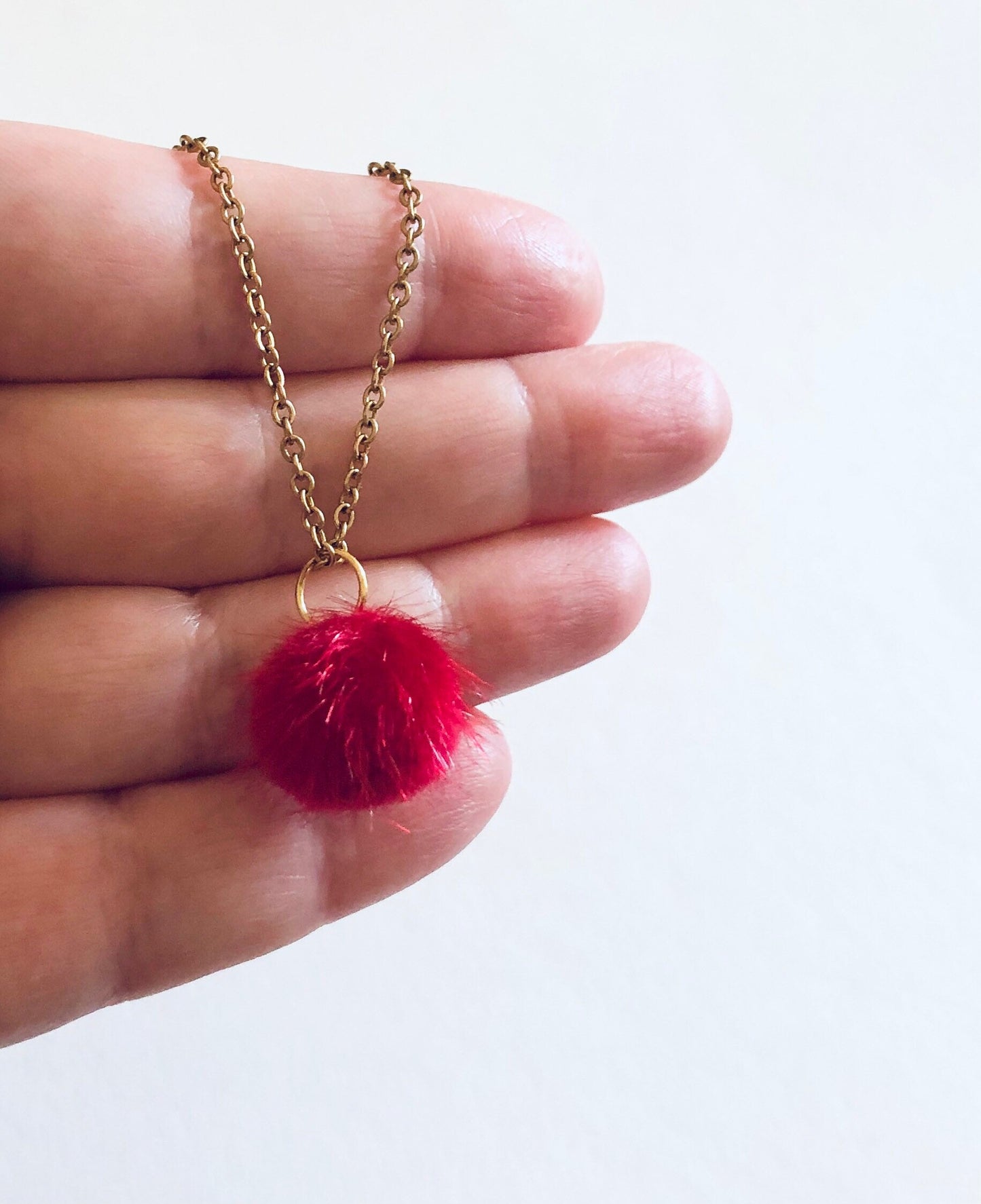 Red Fluffy Pom Pom Necklace, Christmas Party Gold Necklace, Fun Festive Holiday Season New Years Party