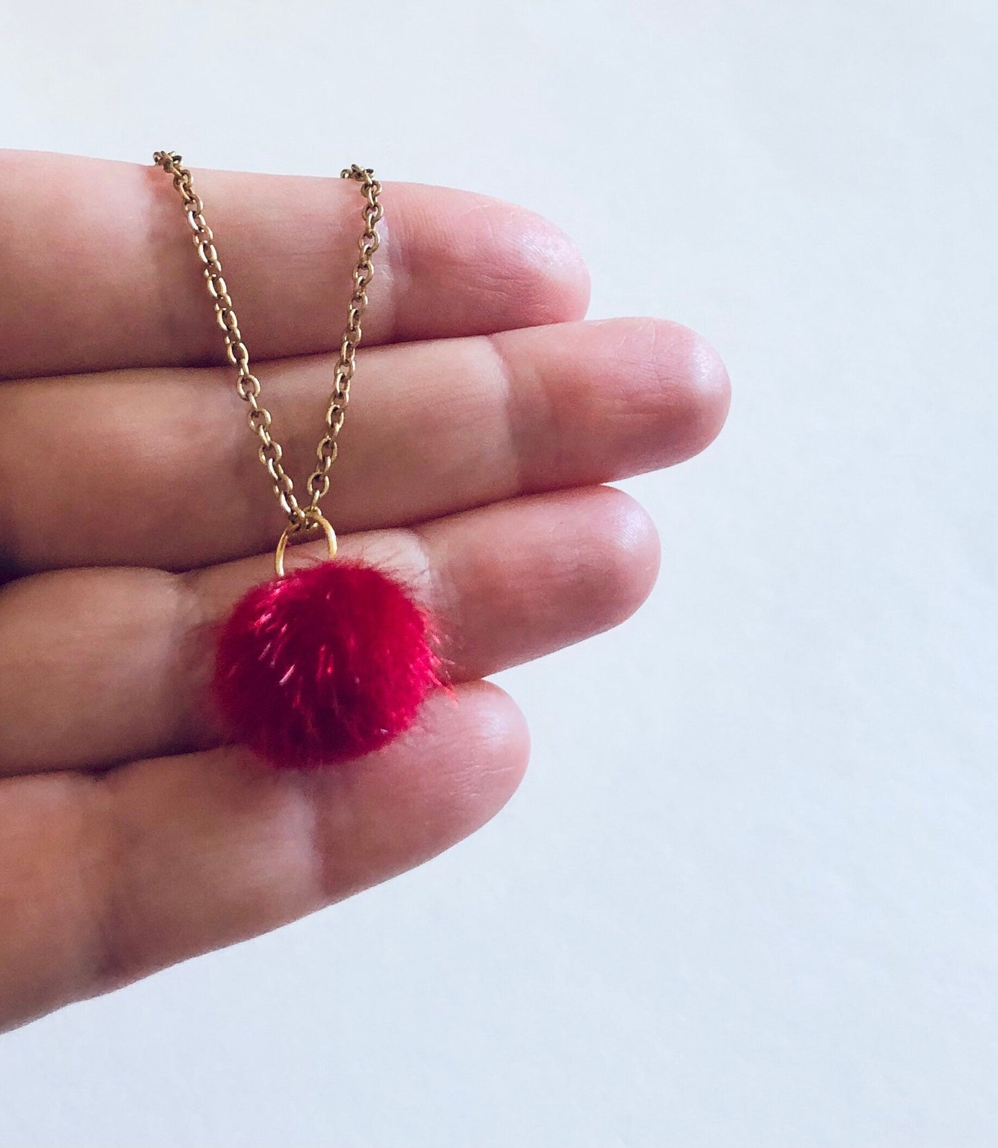 Red Fluffy Pom Pom Necklace, Christmas Party Gold Necklace, Fun Festive Holiday Season New Years Party