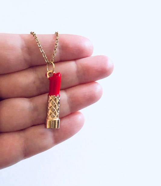 Lipstick Necklace, Red Lipstick Necklace, Make-up necklace, on Gold Plated Chain, Gifts for Her Under 15