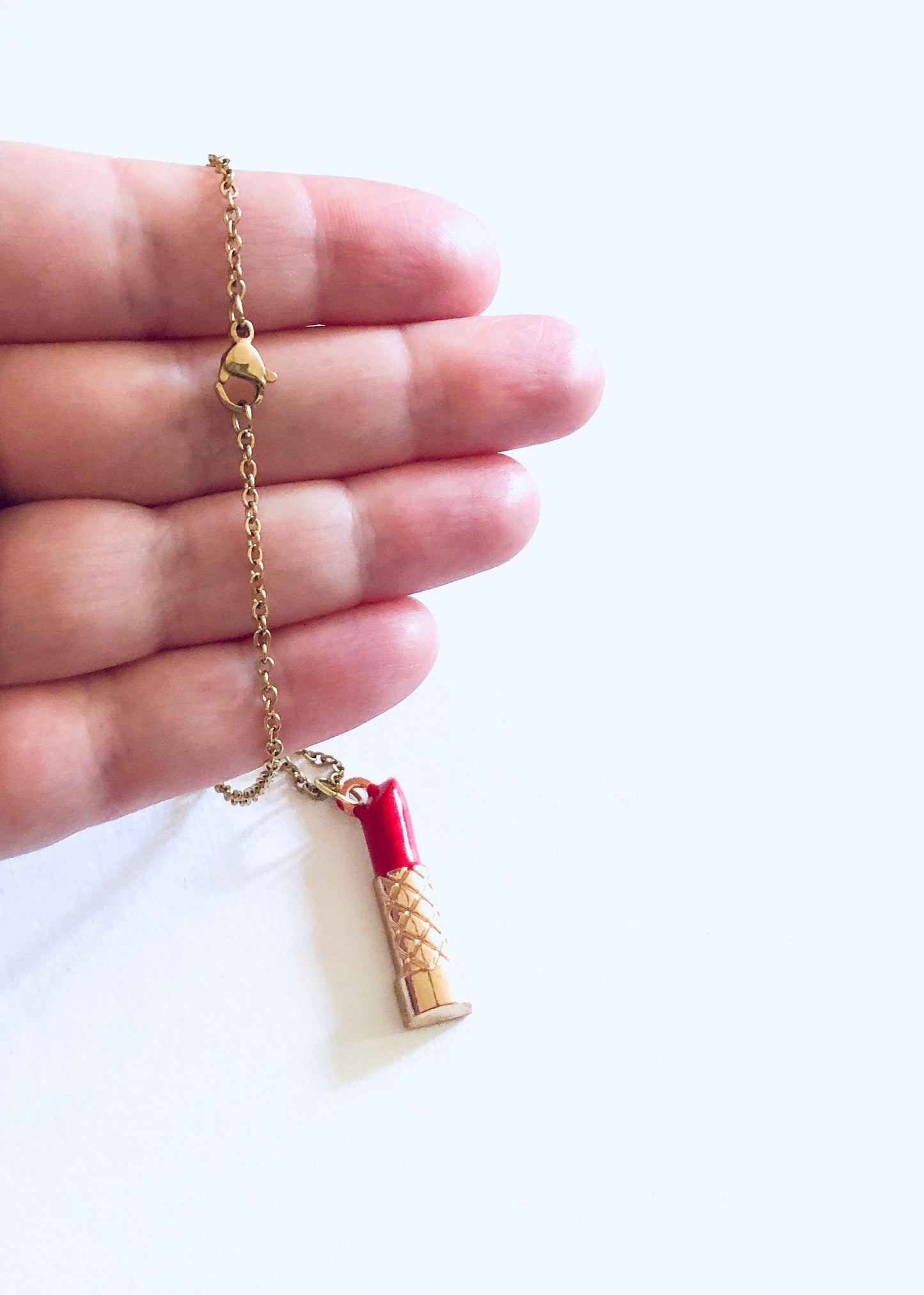 Lipstick Necklace, Red Lipstick Necklace, Make-up necklace, on Gold Plated Chain, Gifts for Her Under 15