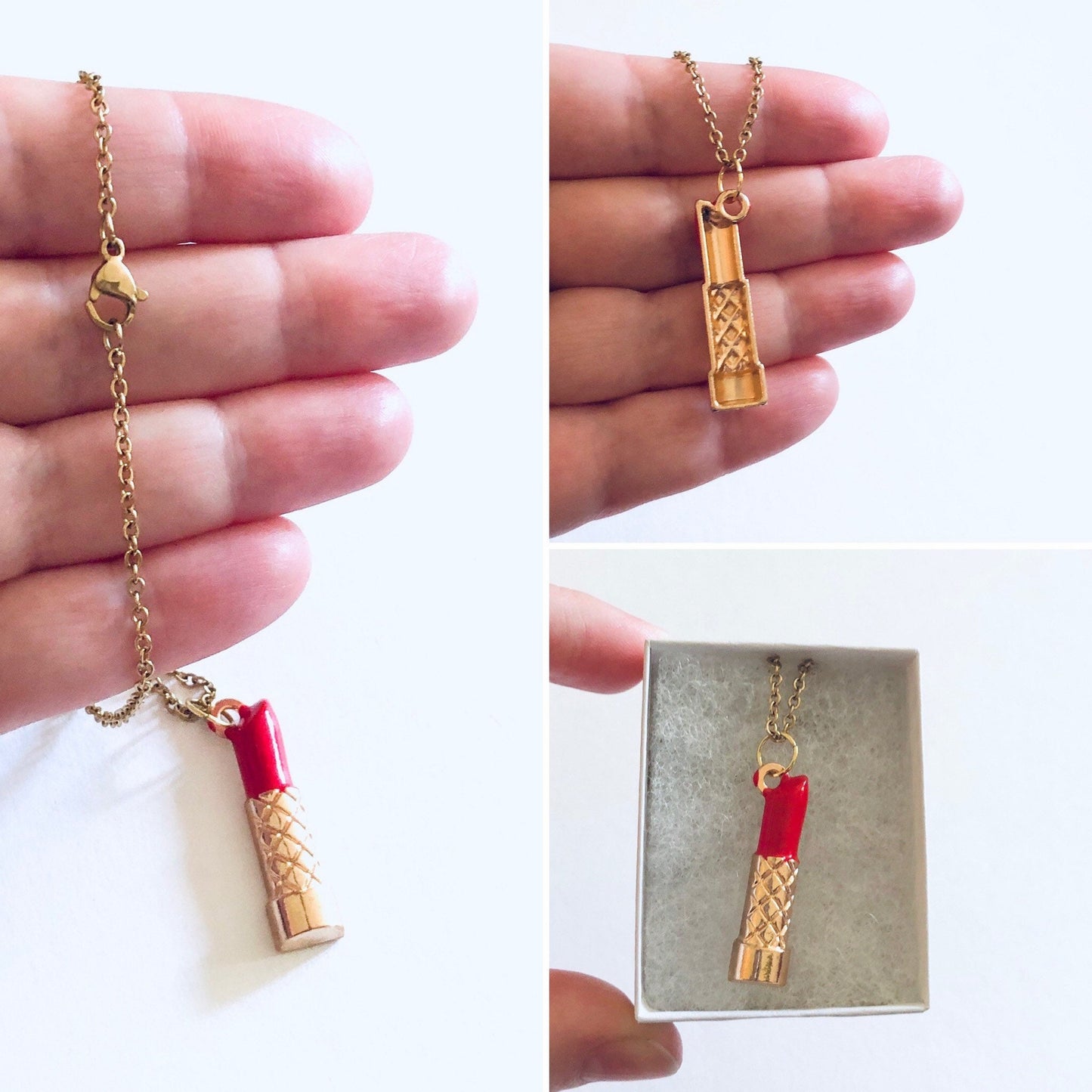 Lipstick Necklace, Red Lipstick Necklace, Make-up necklace, on Gold Plated Chain, Gifts for Her Under 15