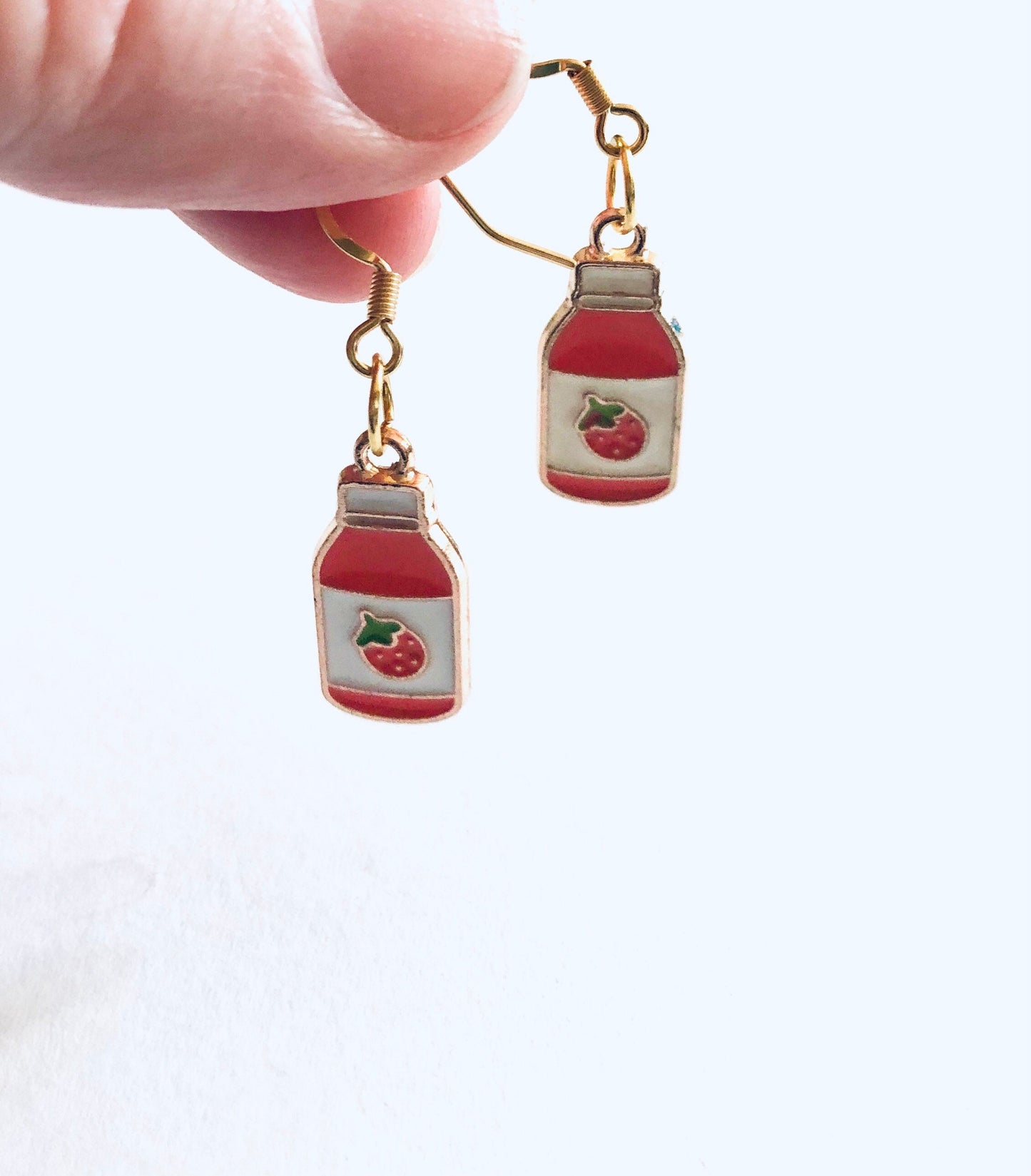 Strawberry Milk Bottle Earrings, Gold Plated Ear Hooks, Cute Kawaii Egirl