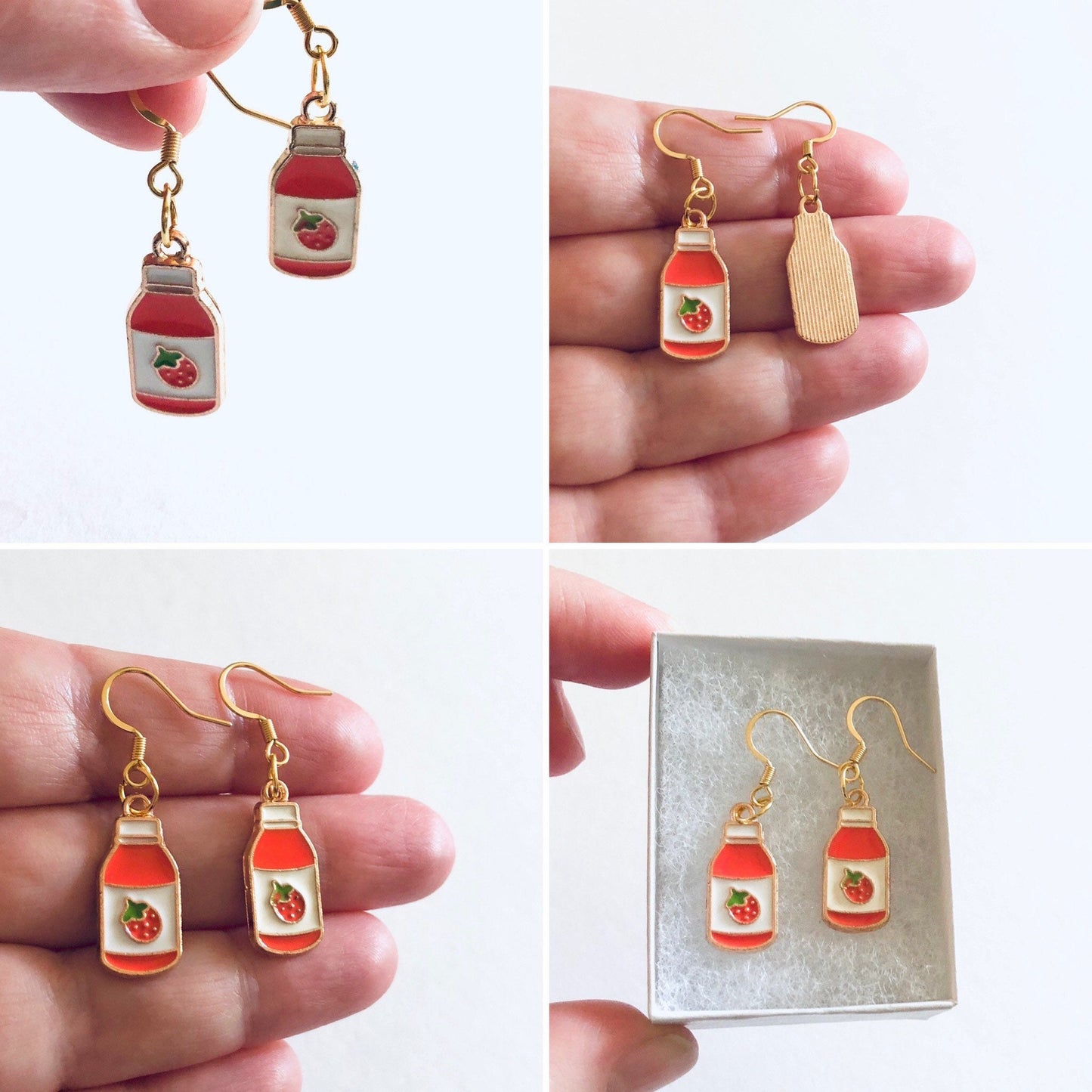 Strawberry Milk Bottle Earrings, Gold Plated Ear Hooks, Cute Kawaii Egirl