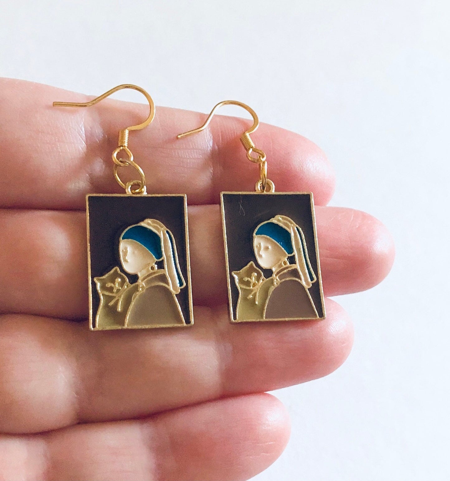 Girl with a Pearl Earring & Cat Earrings, Funny Vintage Art Earrings, Drop Dangle Retro Girl with Pearl Earrings