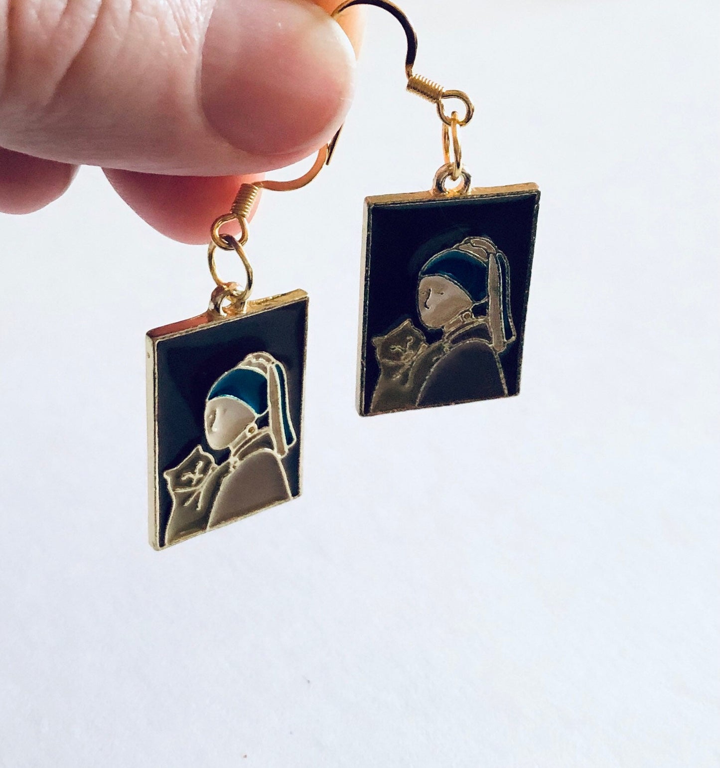 Girl with a Pearl Earring & Cat Earrings, Funny Vintage Art Earrings, Drop Dangle Retro Girl with Pearl Earrings