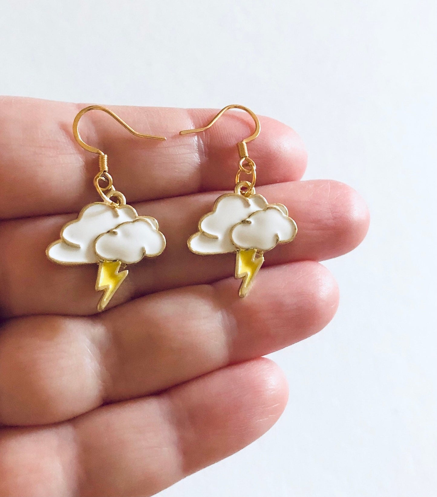 Rain Cloud Lightning Bolt Earrings, Thunder & Rain Earrings, Gold Plated Ear Hooks