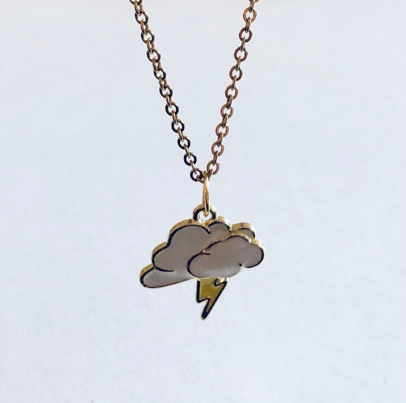 Thunder & Rain Cloud Necklace, Lightning Bolt Necklace, Gold Plated Chain, Lolita Kawaii Cute