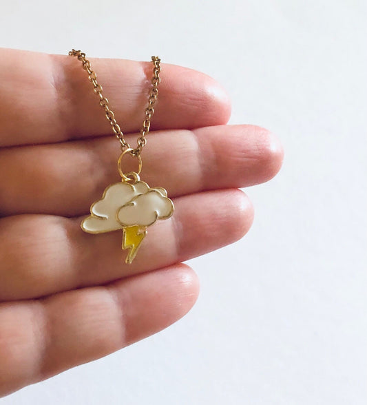 Thunder & Rain Cloud Necklace, Lightning Bolt Necklace, Gold Plated Chain, Lolita Kawaii Cute