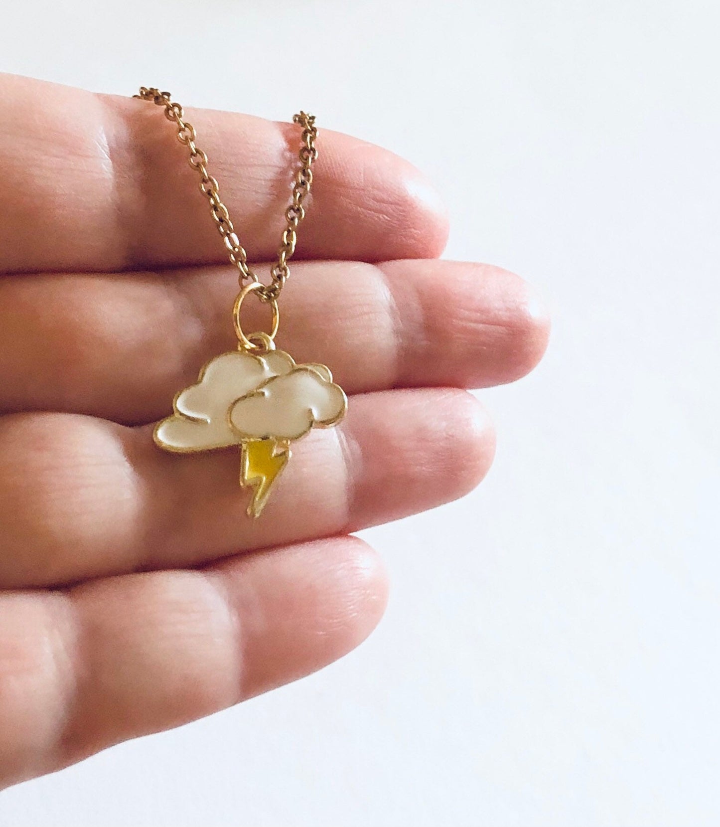 Thunder & Rain Cloud Necklace, Lightning Bolt Necklace, Gold Plated Chain, Lolita Kawaii Cute