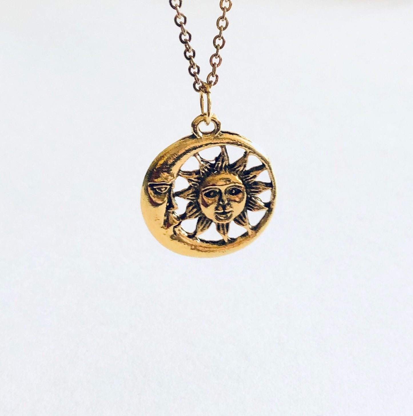 Moon & Sun Necklace, Gold Celestial Crescent Moon & Sun Necklace, Gold Plated Chain, Hippie Boho