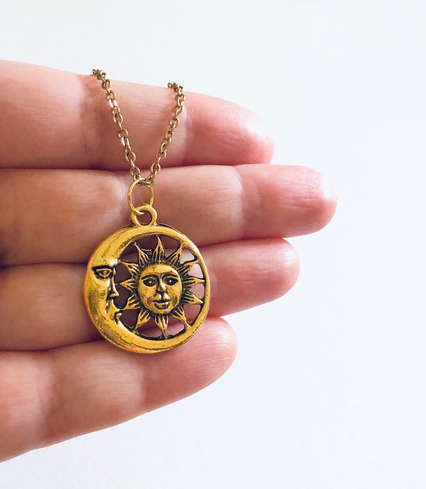 Moon & Sun Necklace, Gold Celestial Crescent Moon & Sun Necklace, Gold Plated Chain, Hippie Boho