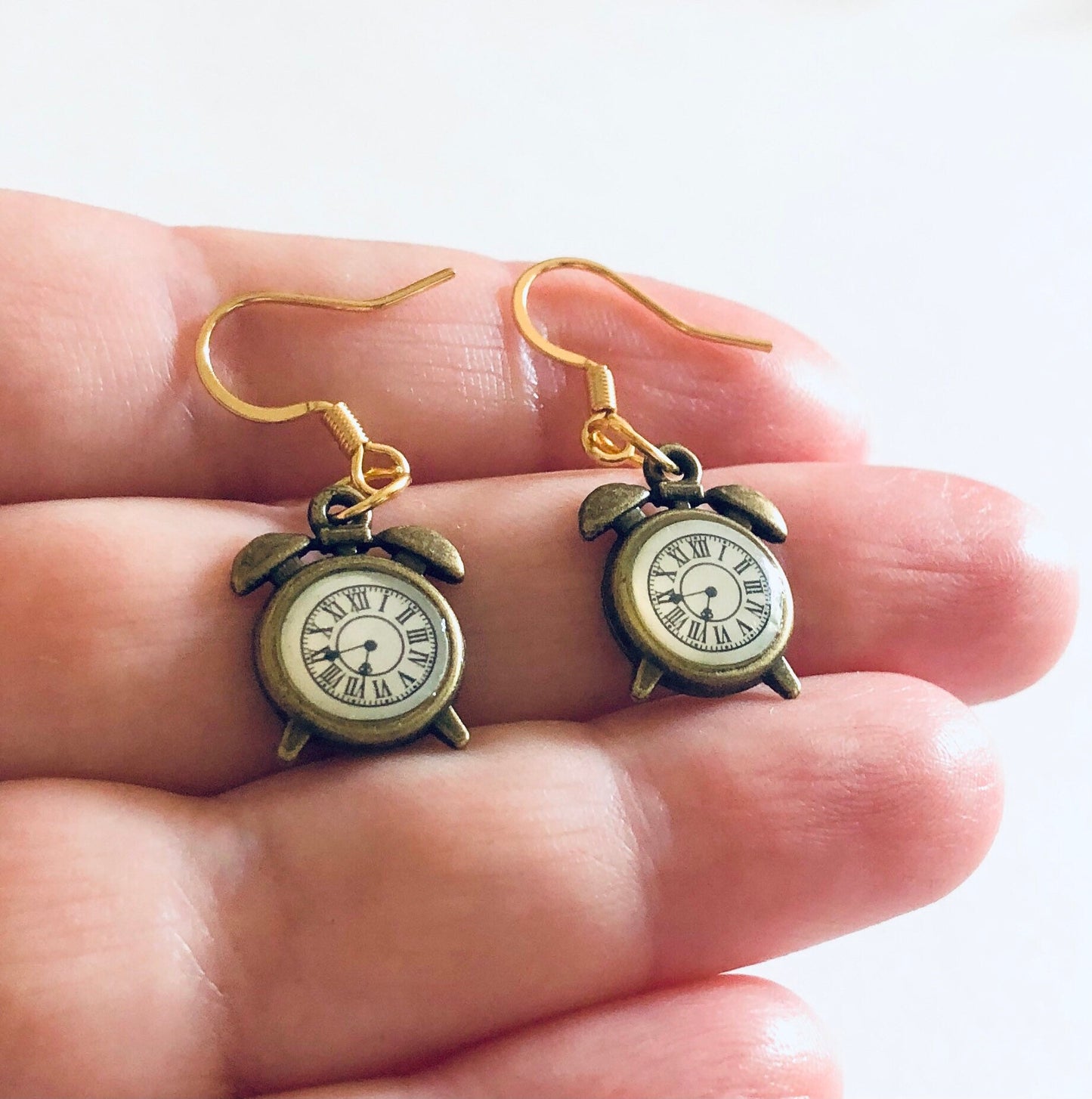 Golden Bronze Clock Earrings Wonderland, Gold Plated Ear Hooks, Retro Fairytale