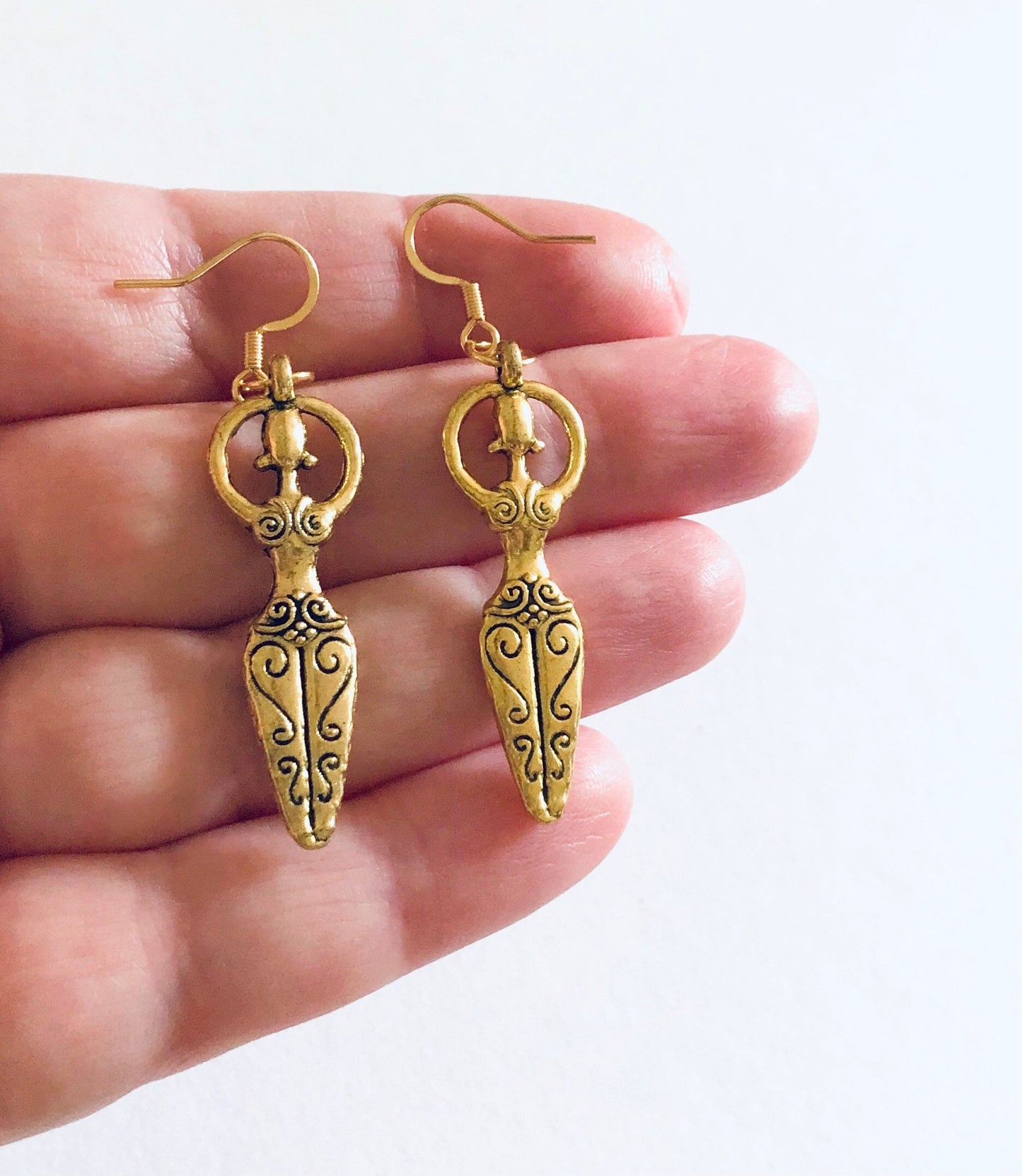 Goddess Earrings Gold, Golden Female Queen Fertility Goddess Jewelry, Witchy Woman Wicca