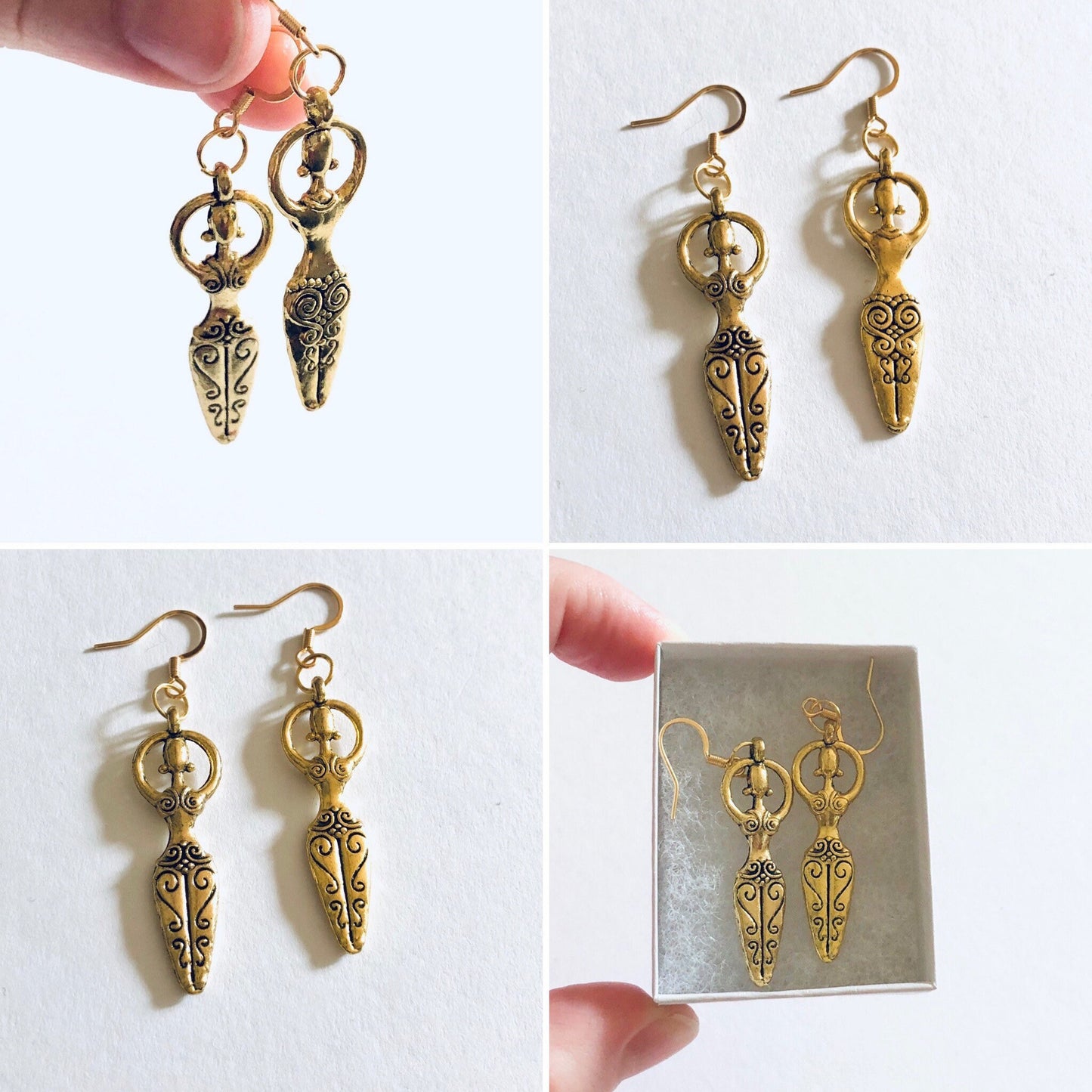 Goddess Earrings Gold, Golden Female Queen Fertility Goddess Jewelry, Witchy Woman Wicca