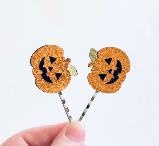 Orange Glitter Pumpkin Bobby Pins Set of 2, Halloween Hair Clips